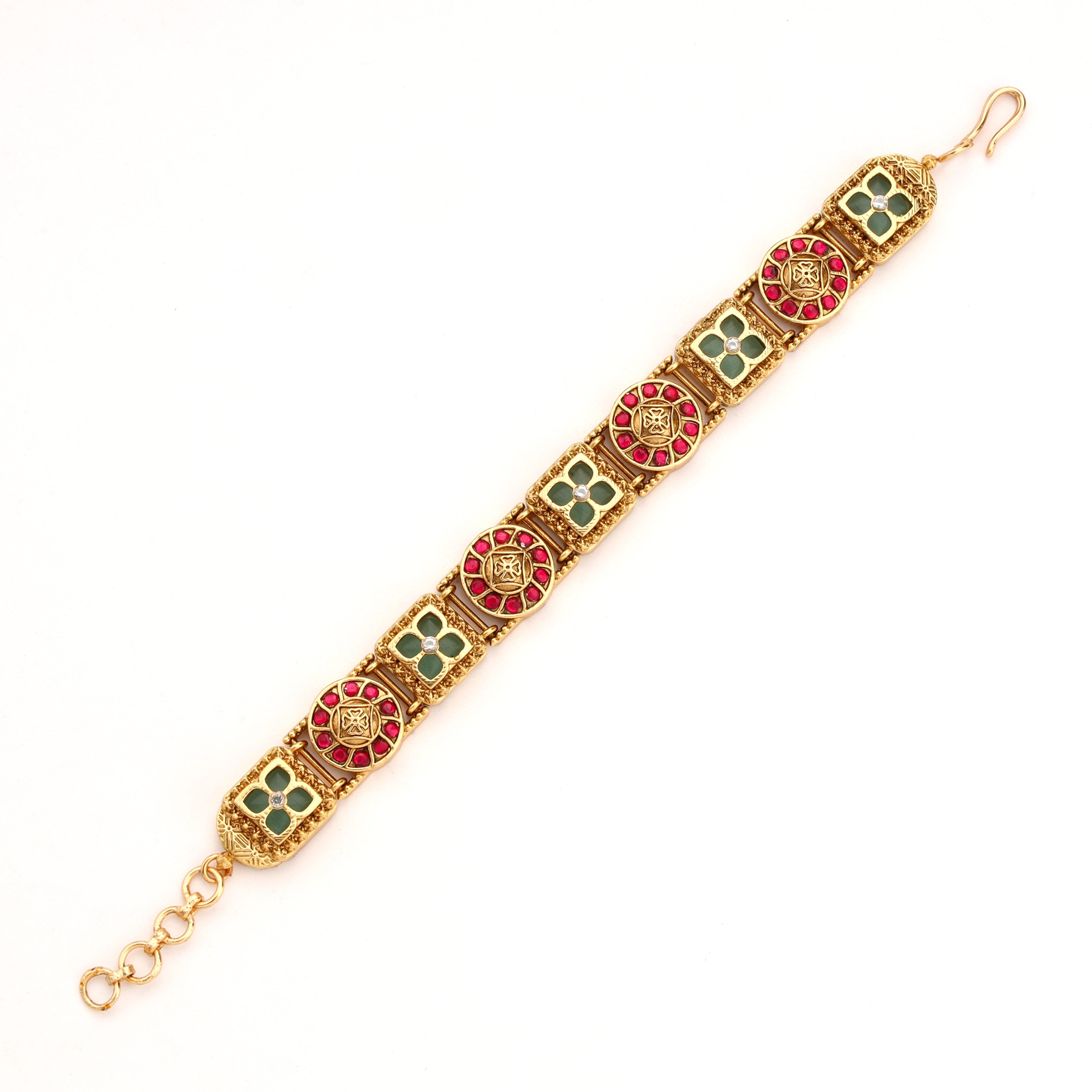 Antique Gold Geometric Medallion Stone Articulated Traditional Bracelet
