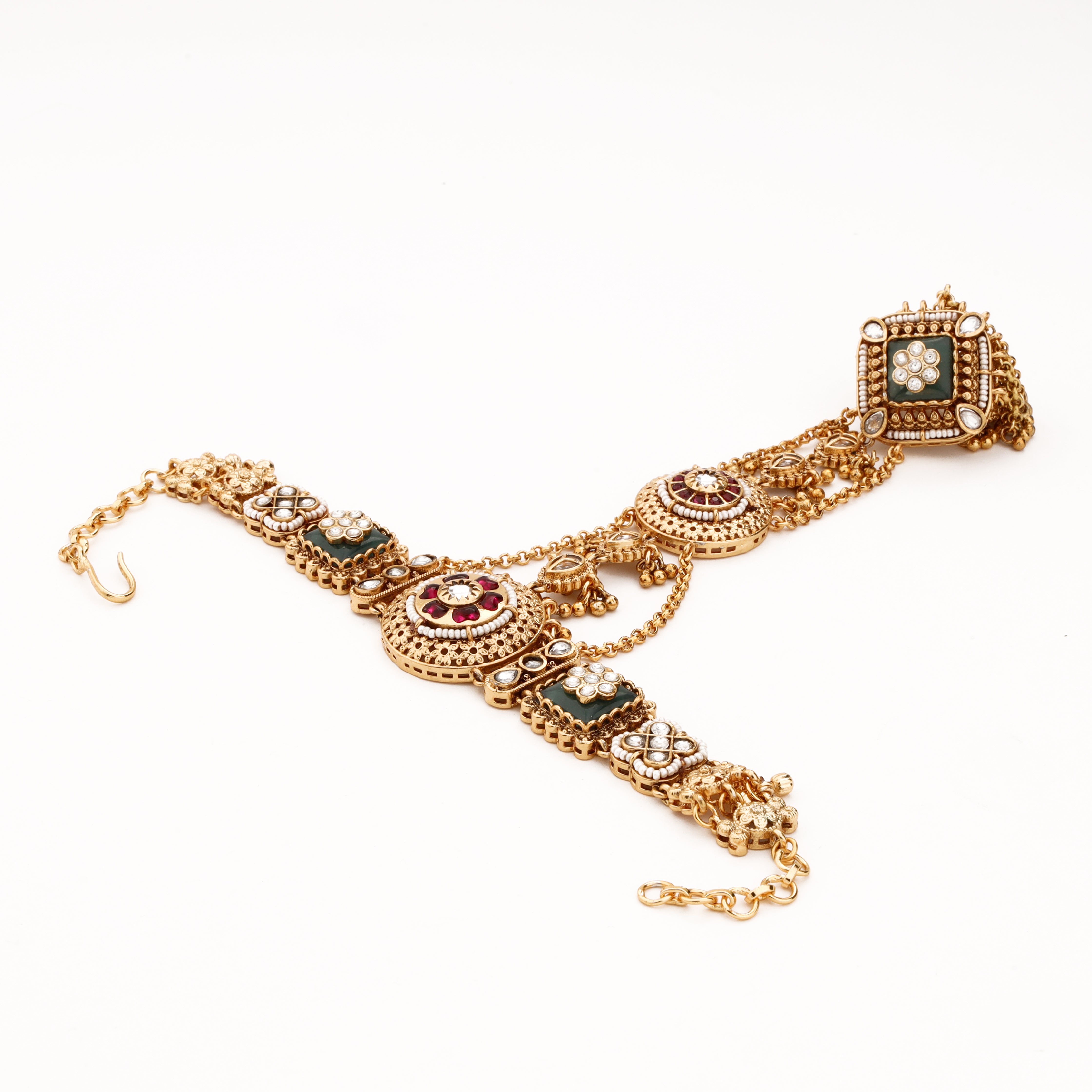 Antique gold layered kundan pocha with green and pink accents, ornate medallions and square statement finger ring