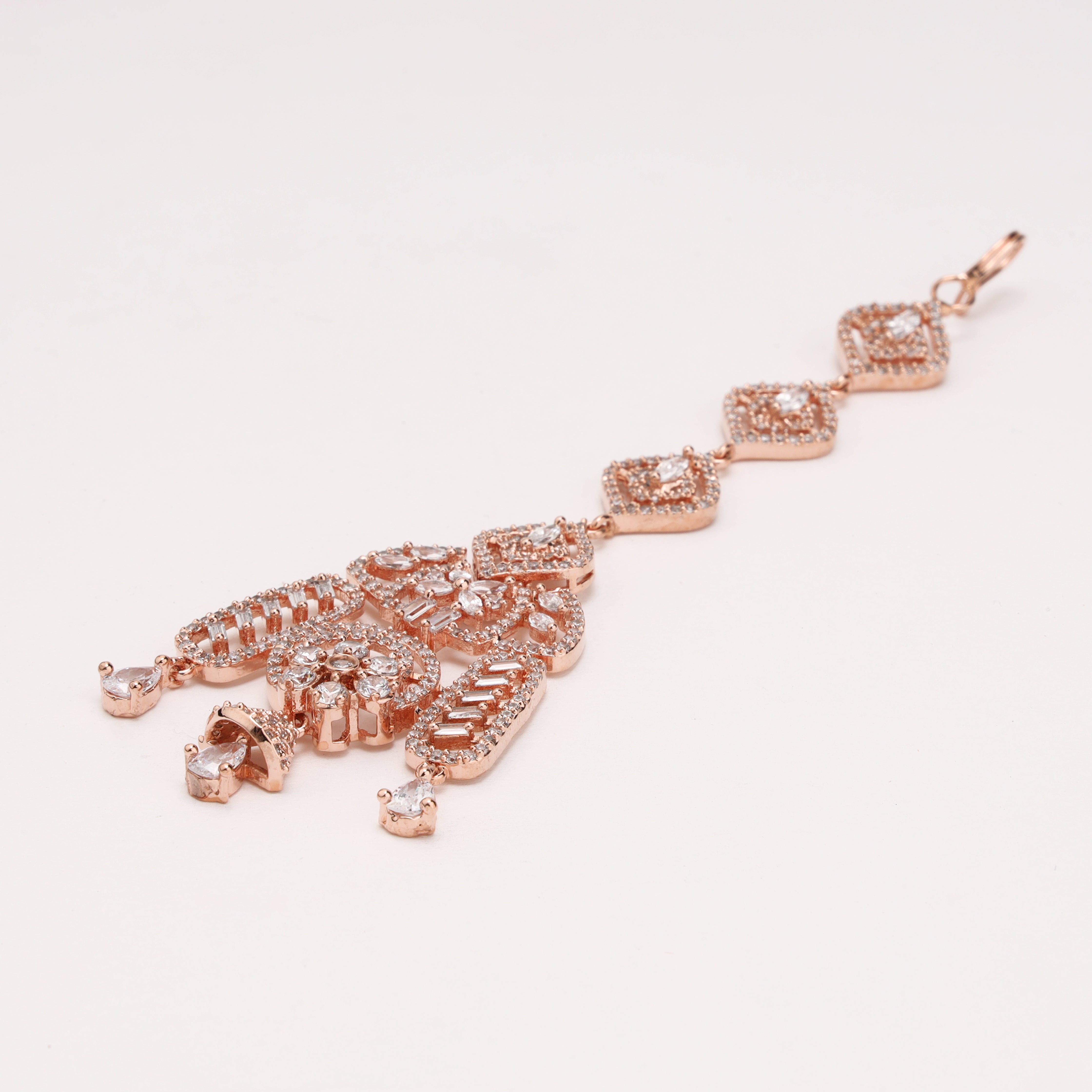 Rose Gold Diamond-Cut Link Chandelier American Diamond Maang Tikka