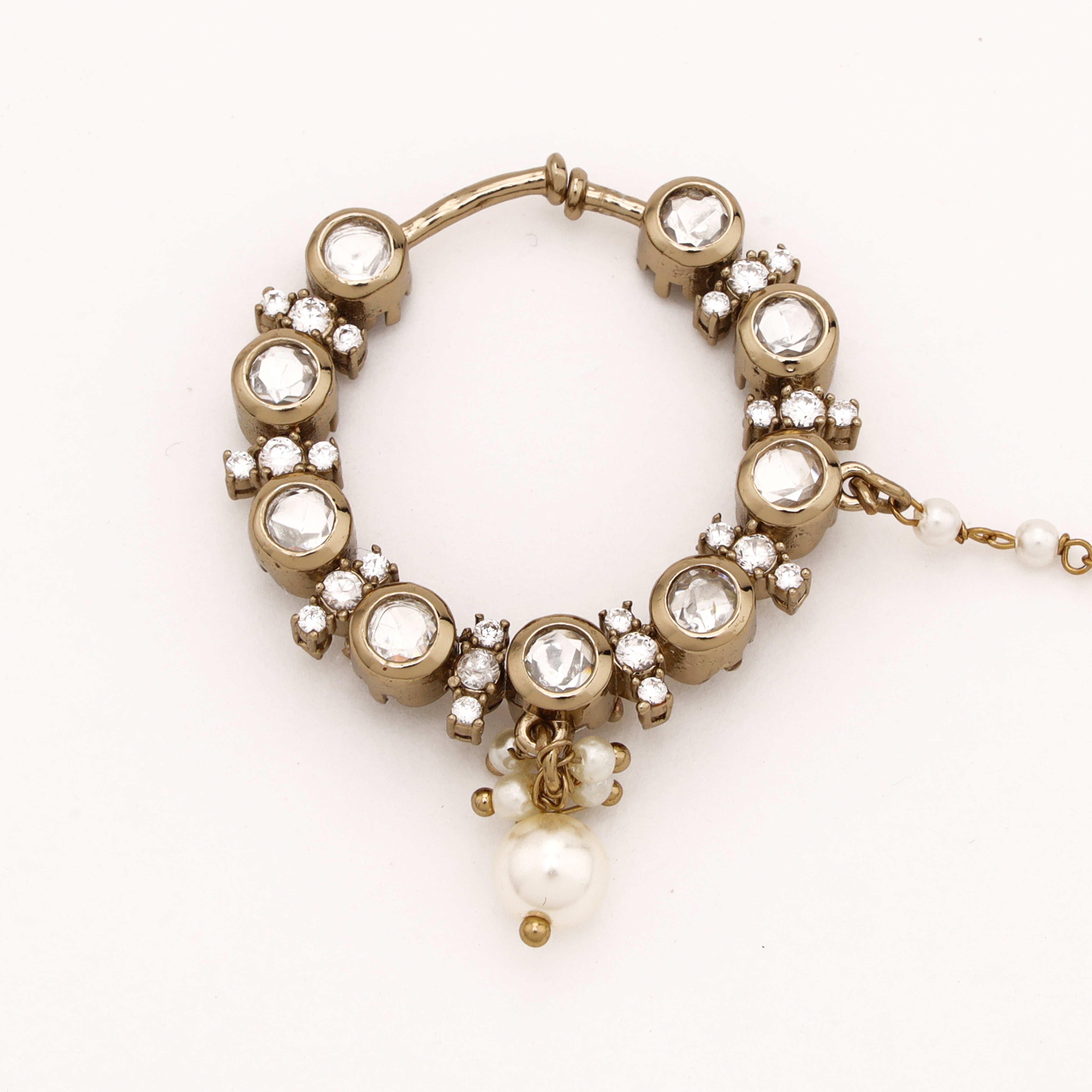 Antique gold Zivara halo polki pearl nath with round white stones, pearl drop and attached beaded chain from US Catalog