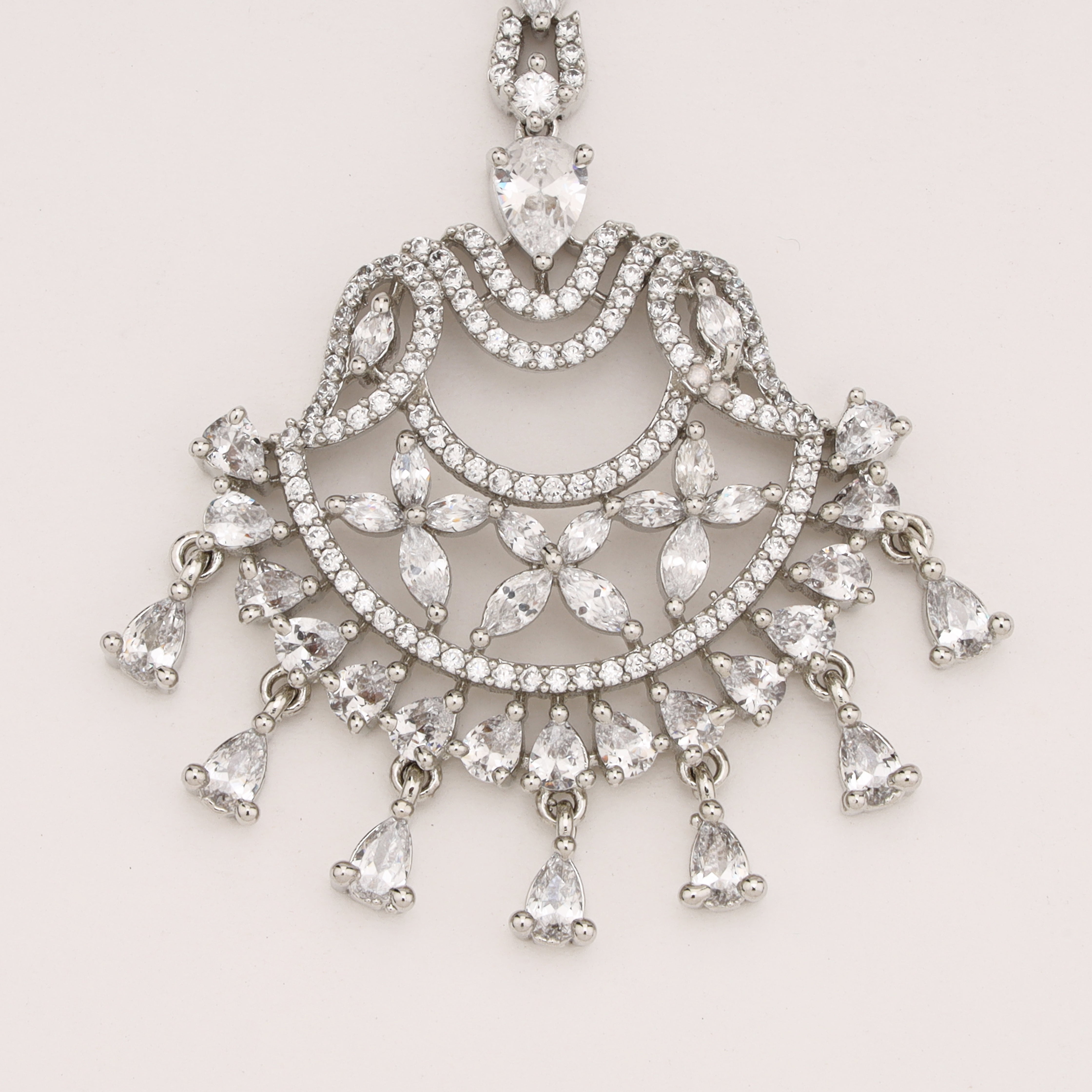 Silver Crescent Arch American Diamond Maang Tikka with Pear Drops