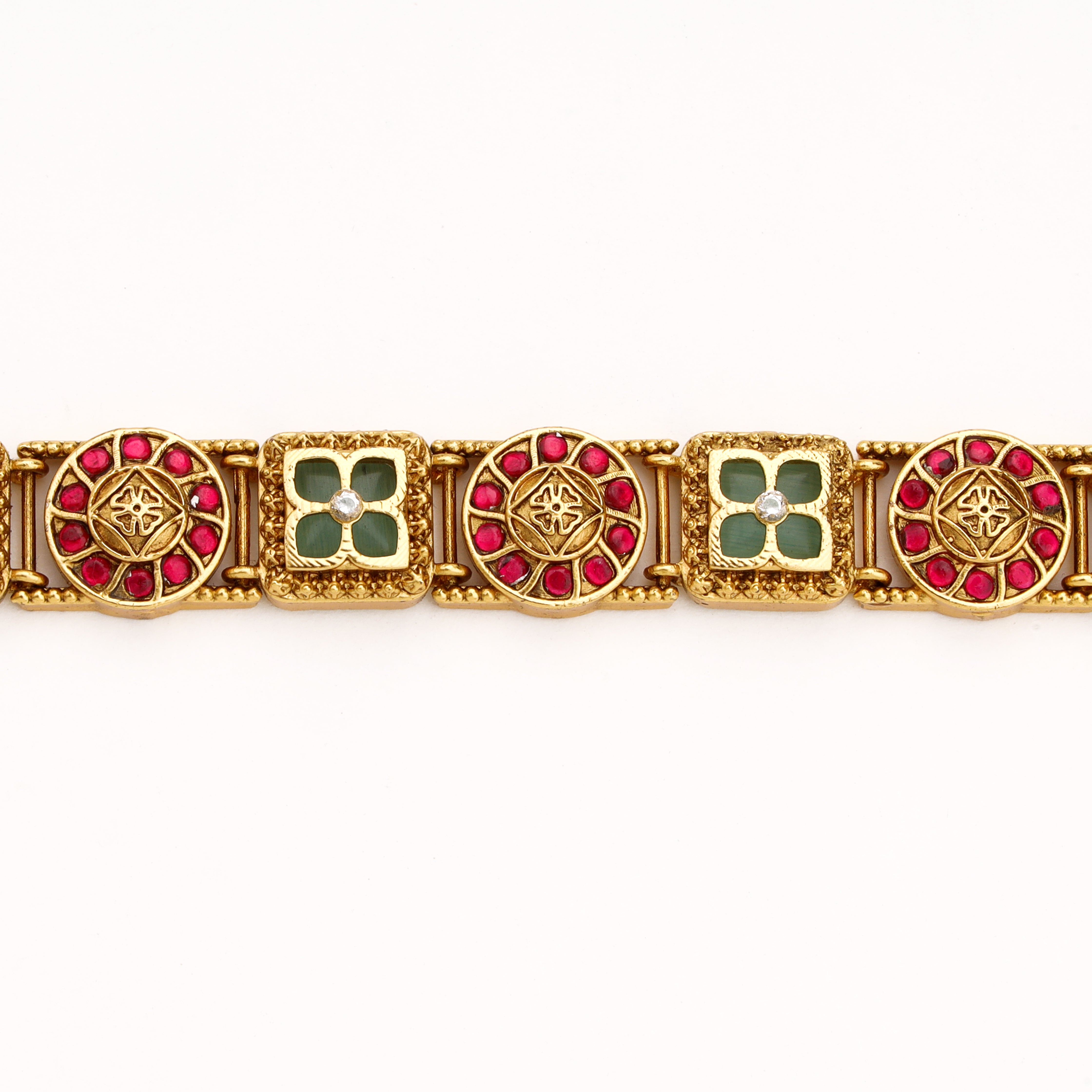 Antique Gold Geometric Medallion Stone Articulated Traditional Bracelet