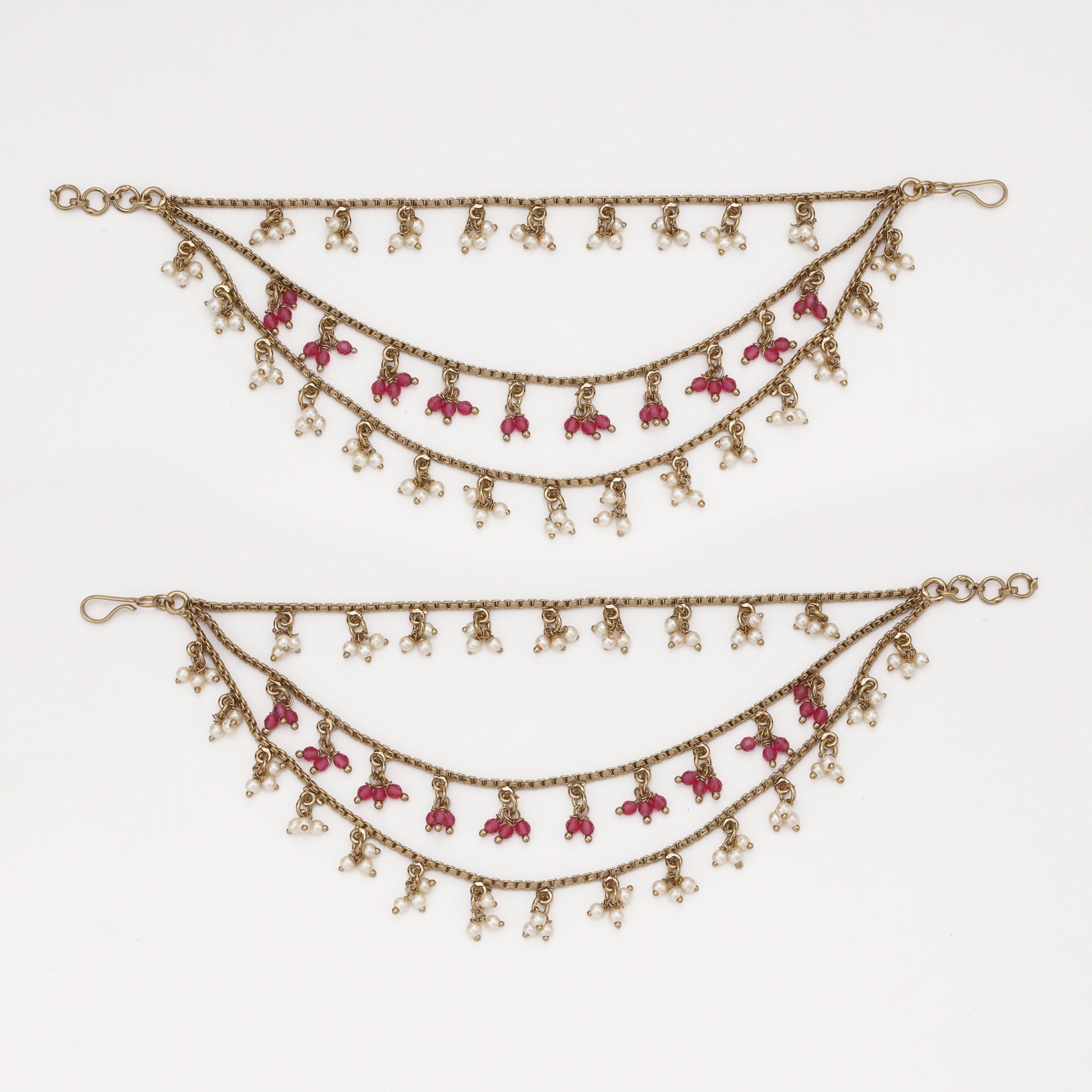 Ruby Pearl Drape Ear Chain with layered chains and pearl tassels by US Catalog