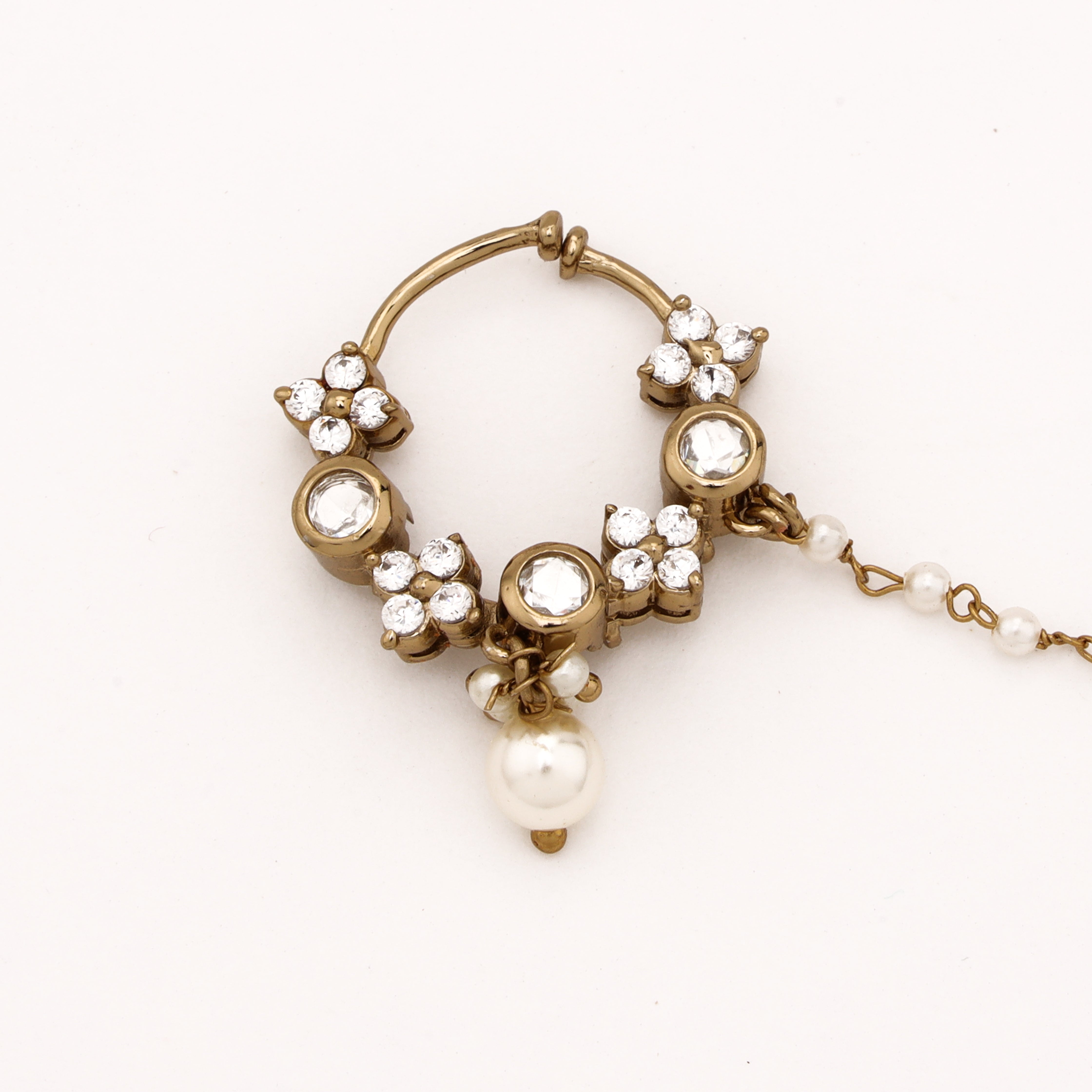 Antique gold Meher floral polki pearl nath with white stones, crystal flower accents and attached beaded chain from US Catalog
