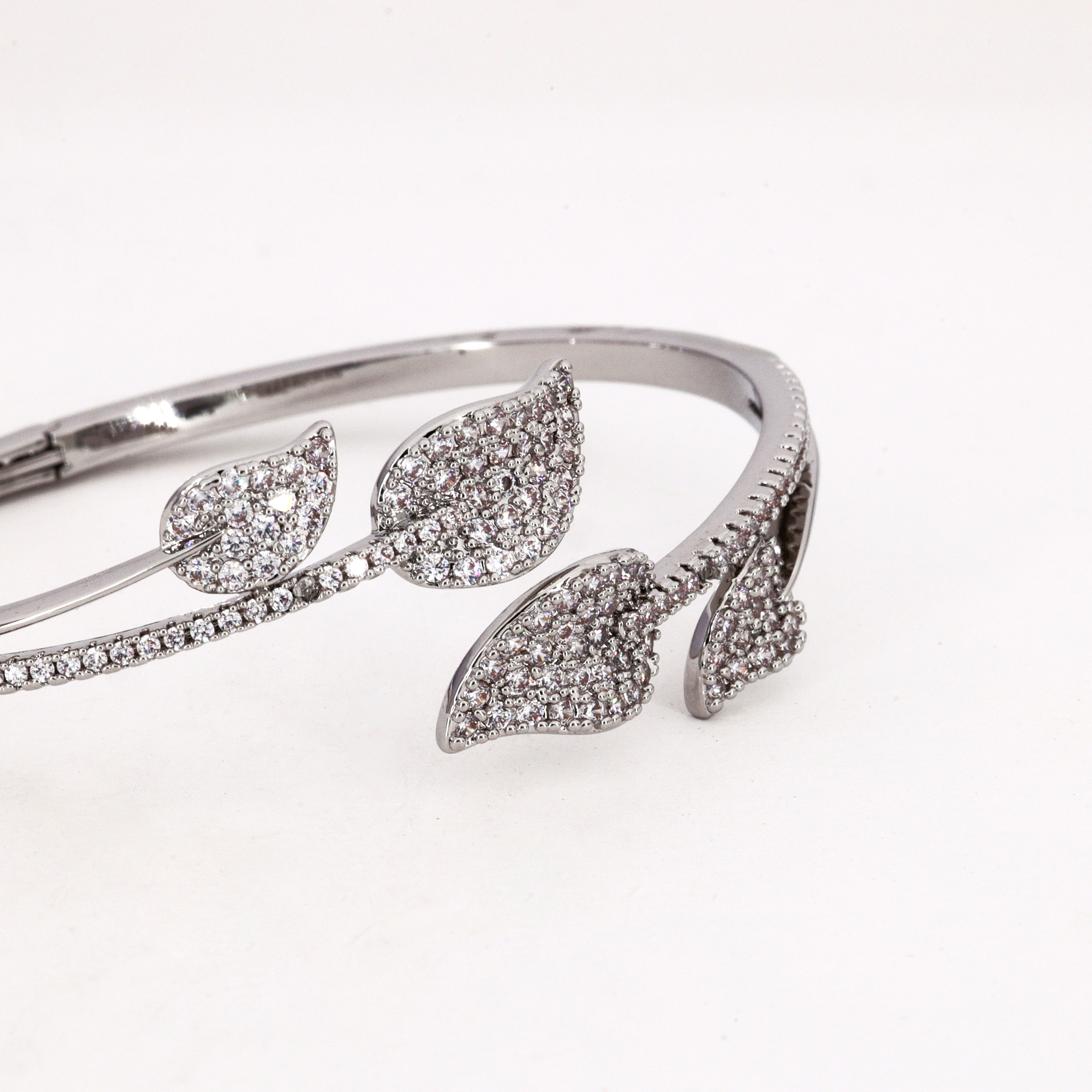 Silver Tone Crystal Leaf Bypass Bracelet