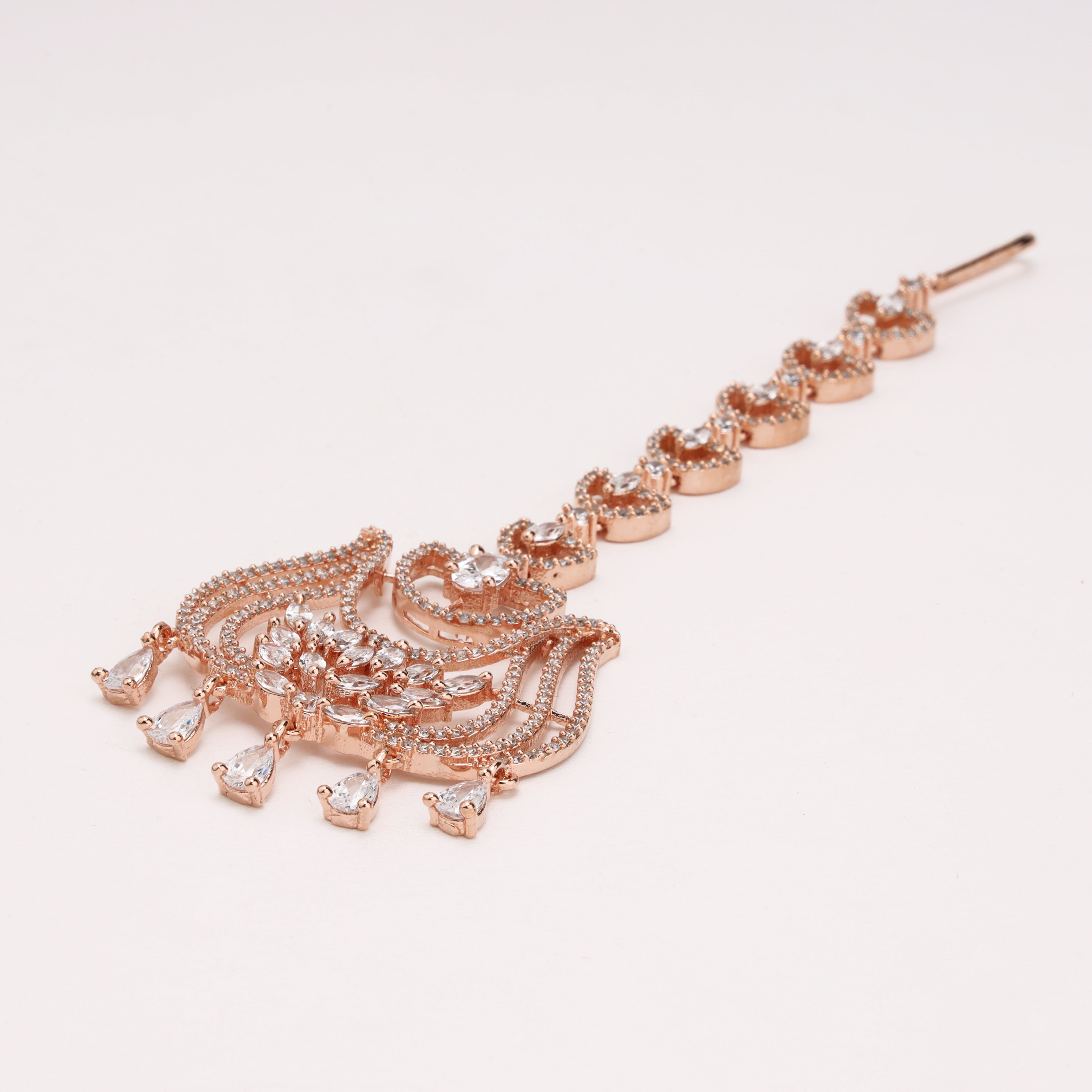 Rose Gold Heart Chain American Diamond Lotus Chand Maang Tikka