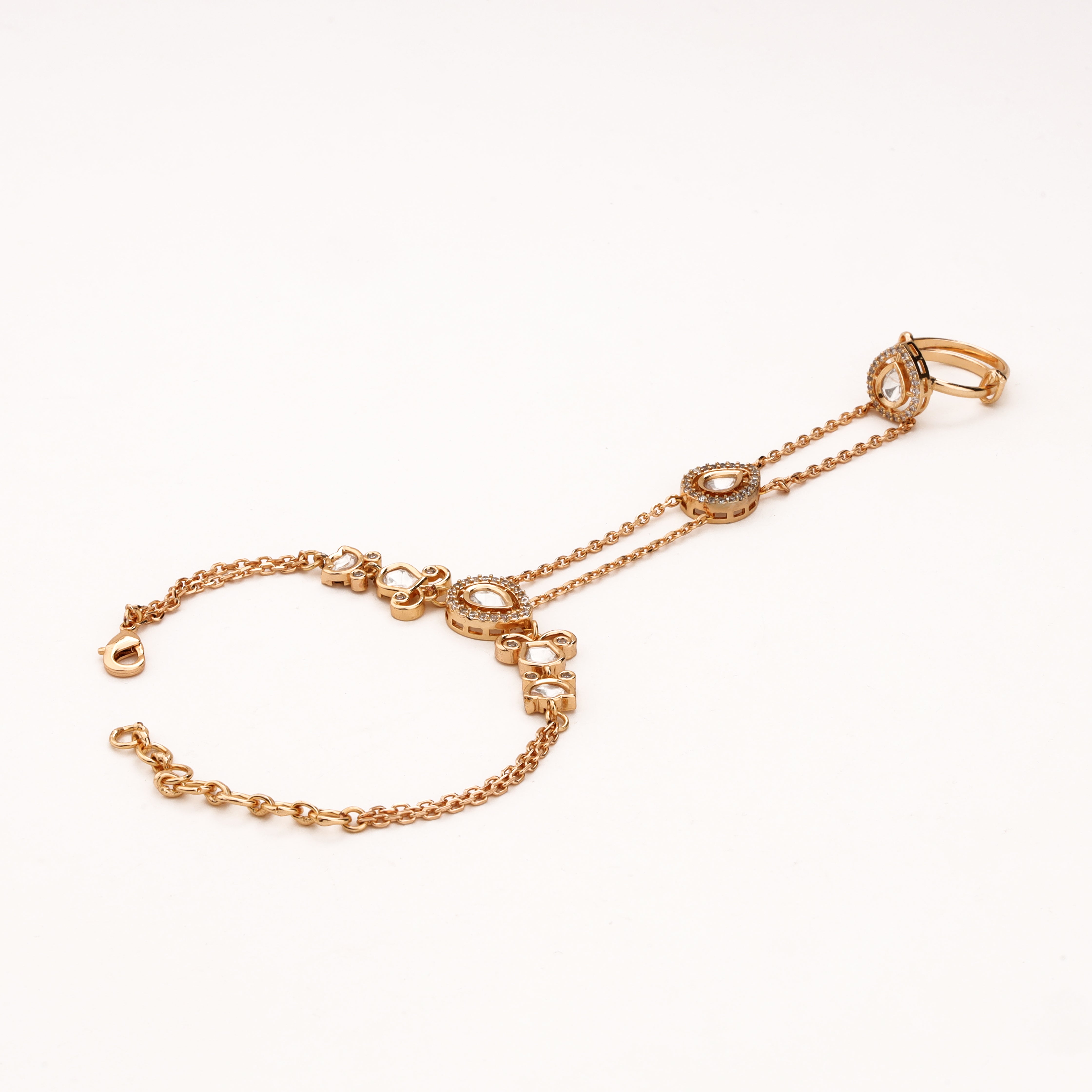 Rose gold teardrop double chain pocha with clear stones, crystal halo accents and adjustable finger ring