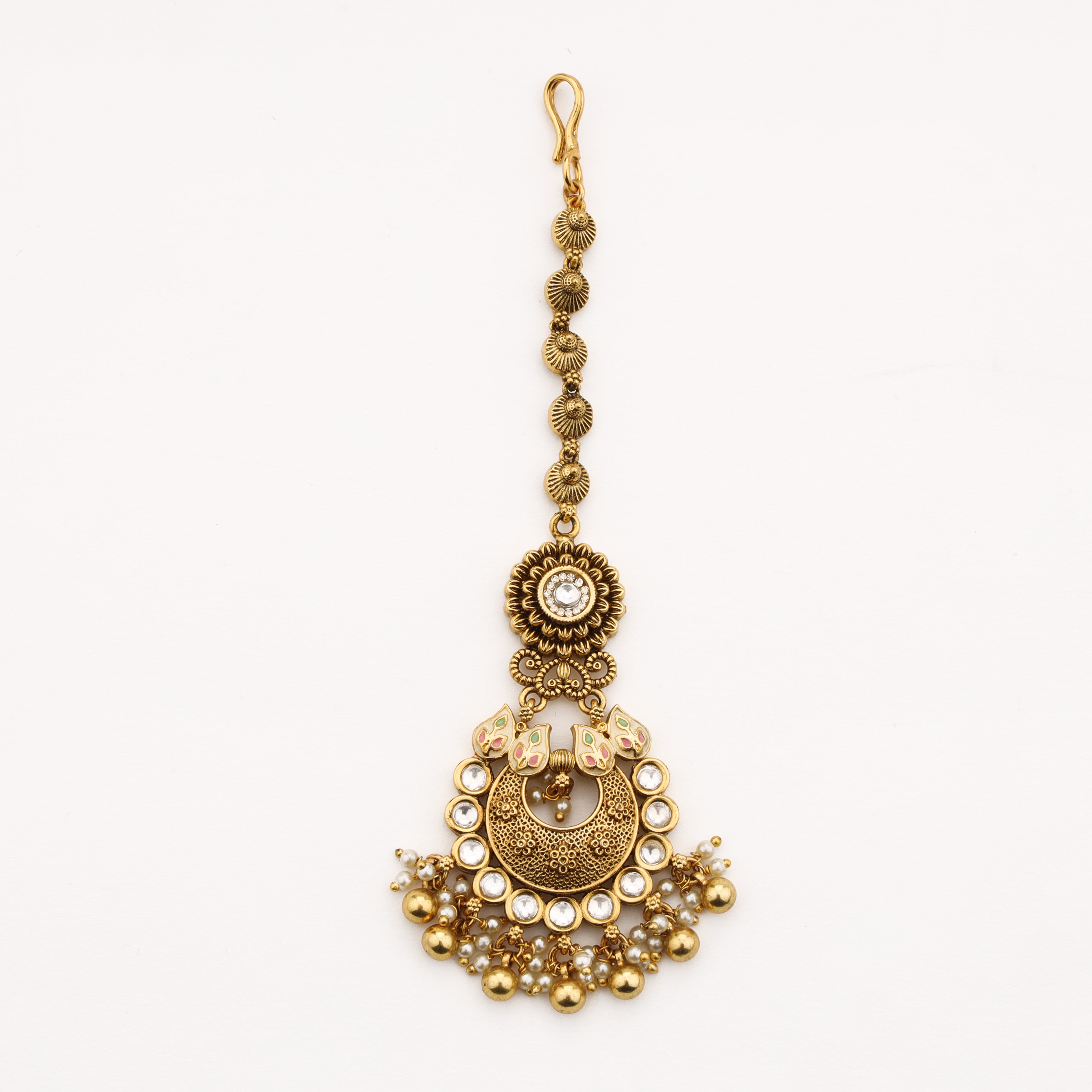 Diamond heritage antique Maang Tika with enamel detailing and pearl bead tassels by US Catalog
