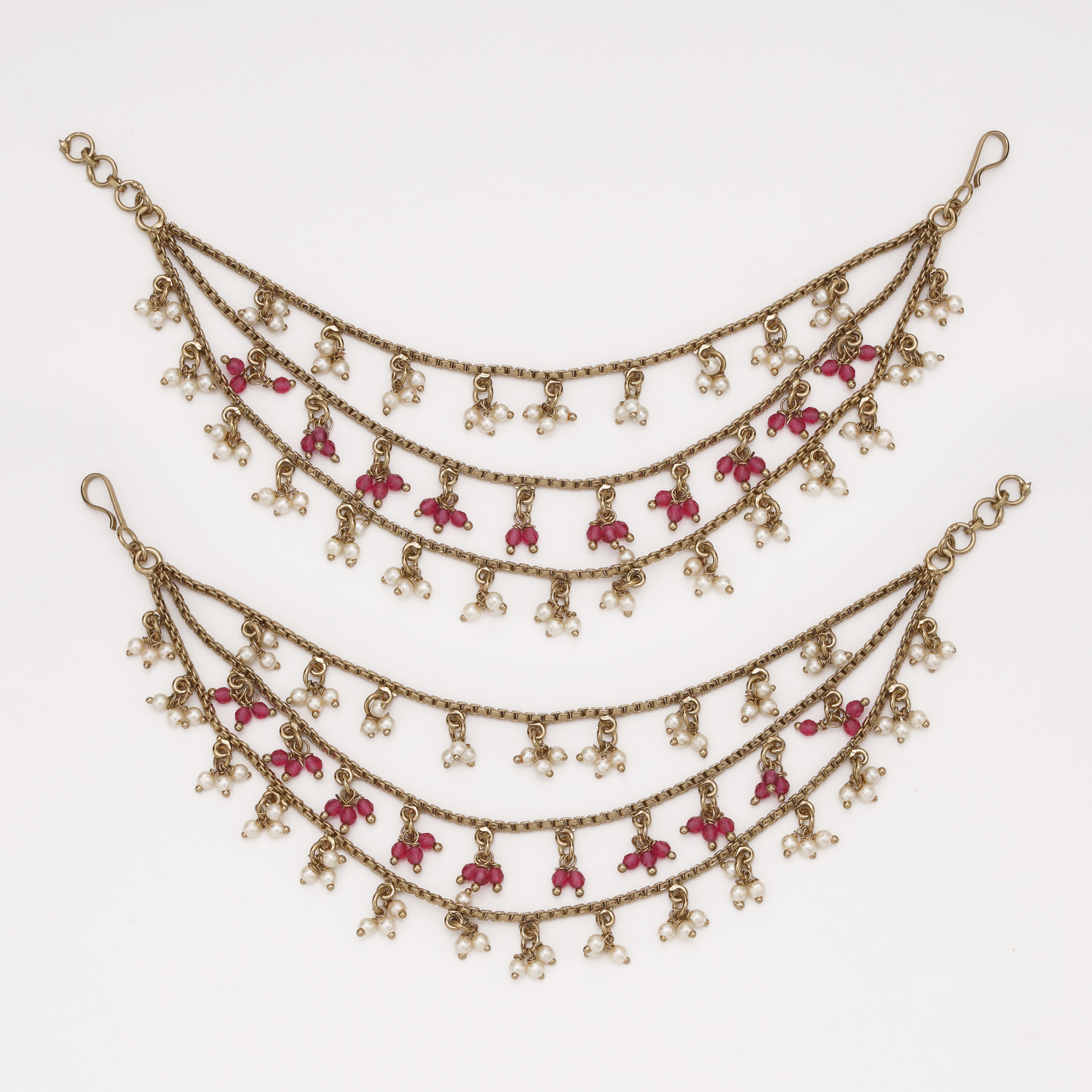 Ruby Pearl Drape Ear Chain with layered chains and pearl tassels by US Catalog