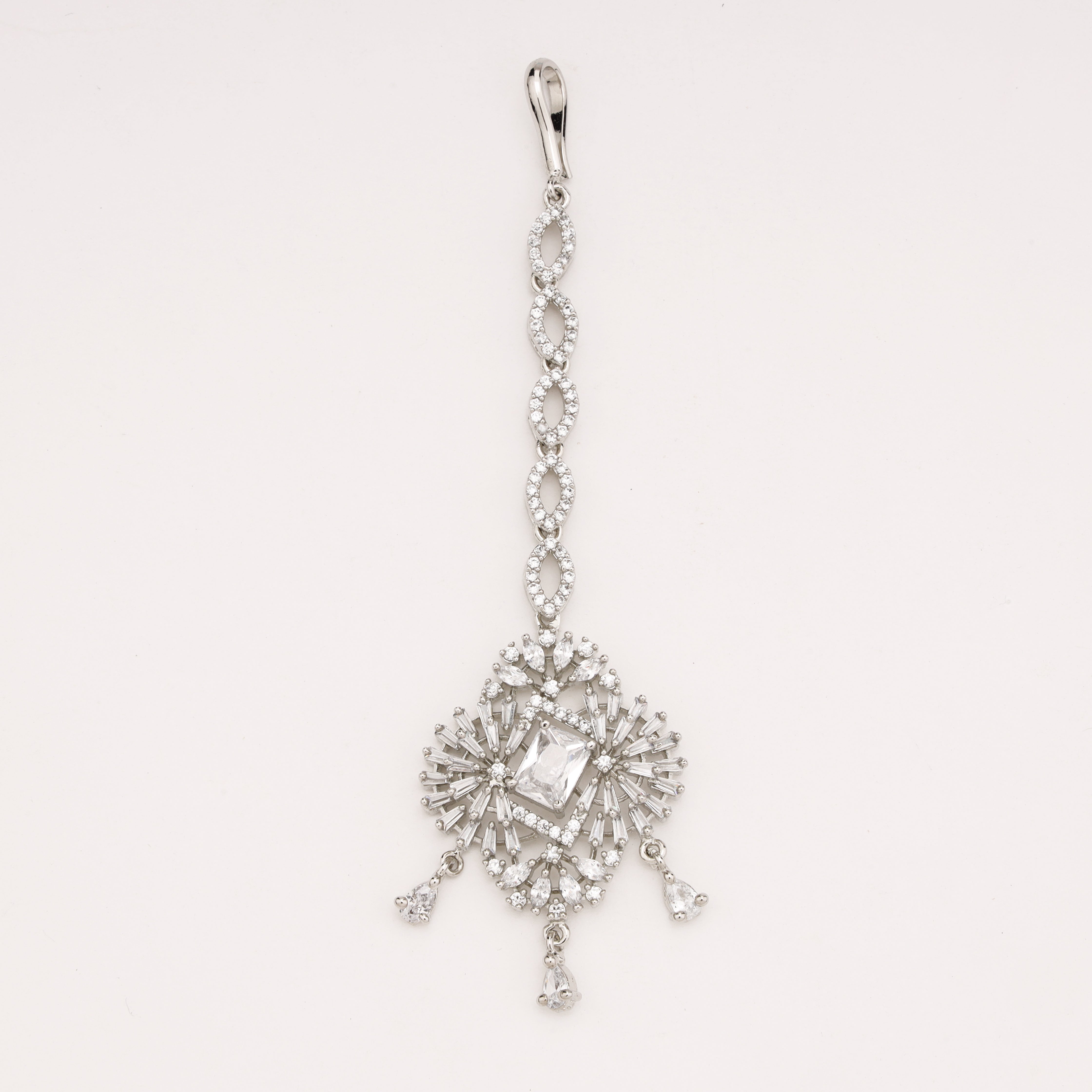 Silver Infinity Chain American Diamond Sunburst Rhombus Maang Tikka