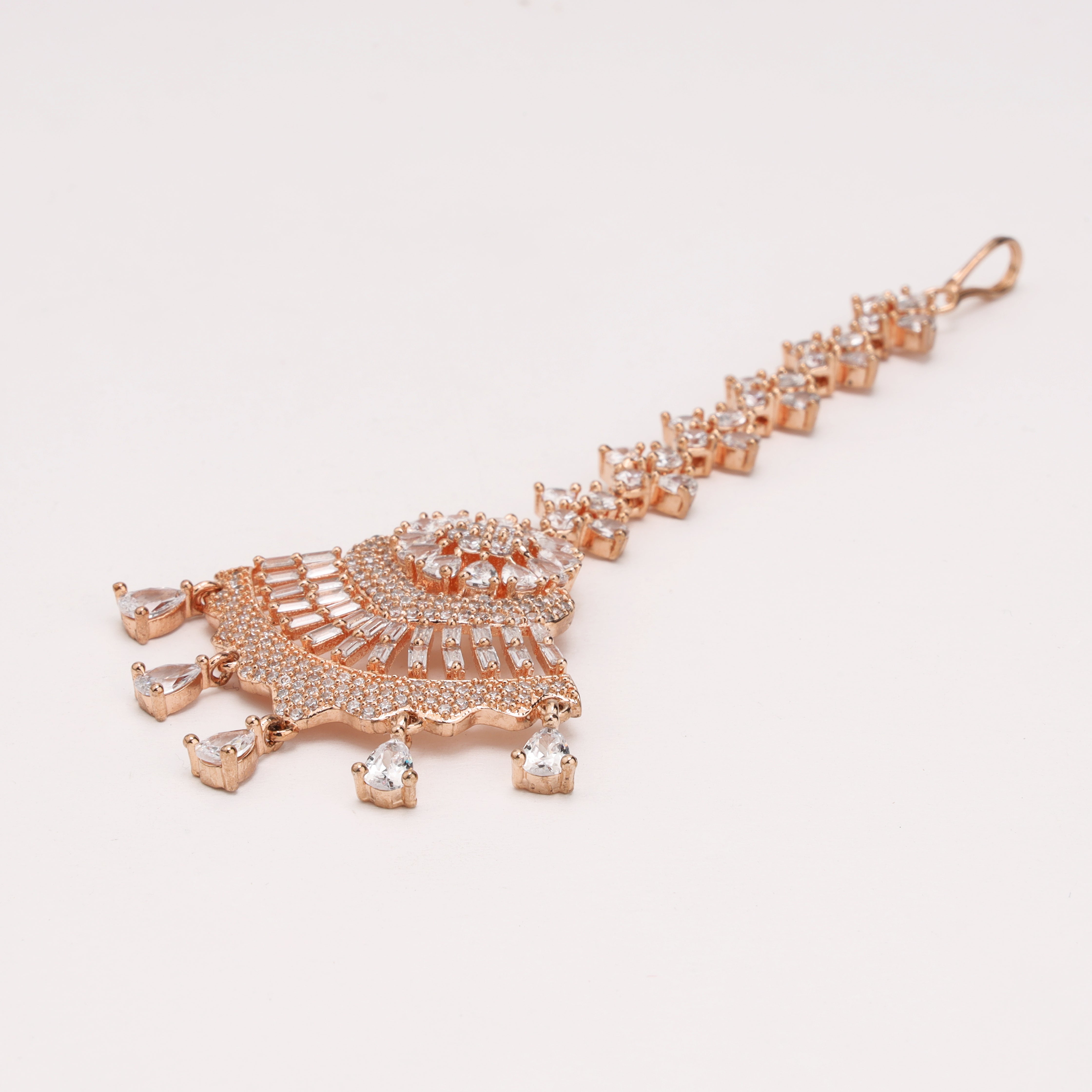 Rose Gold Floral Fan American Diamond Maang Tikka with Pear Drops