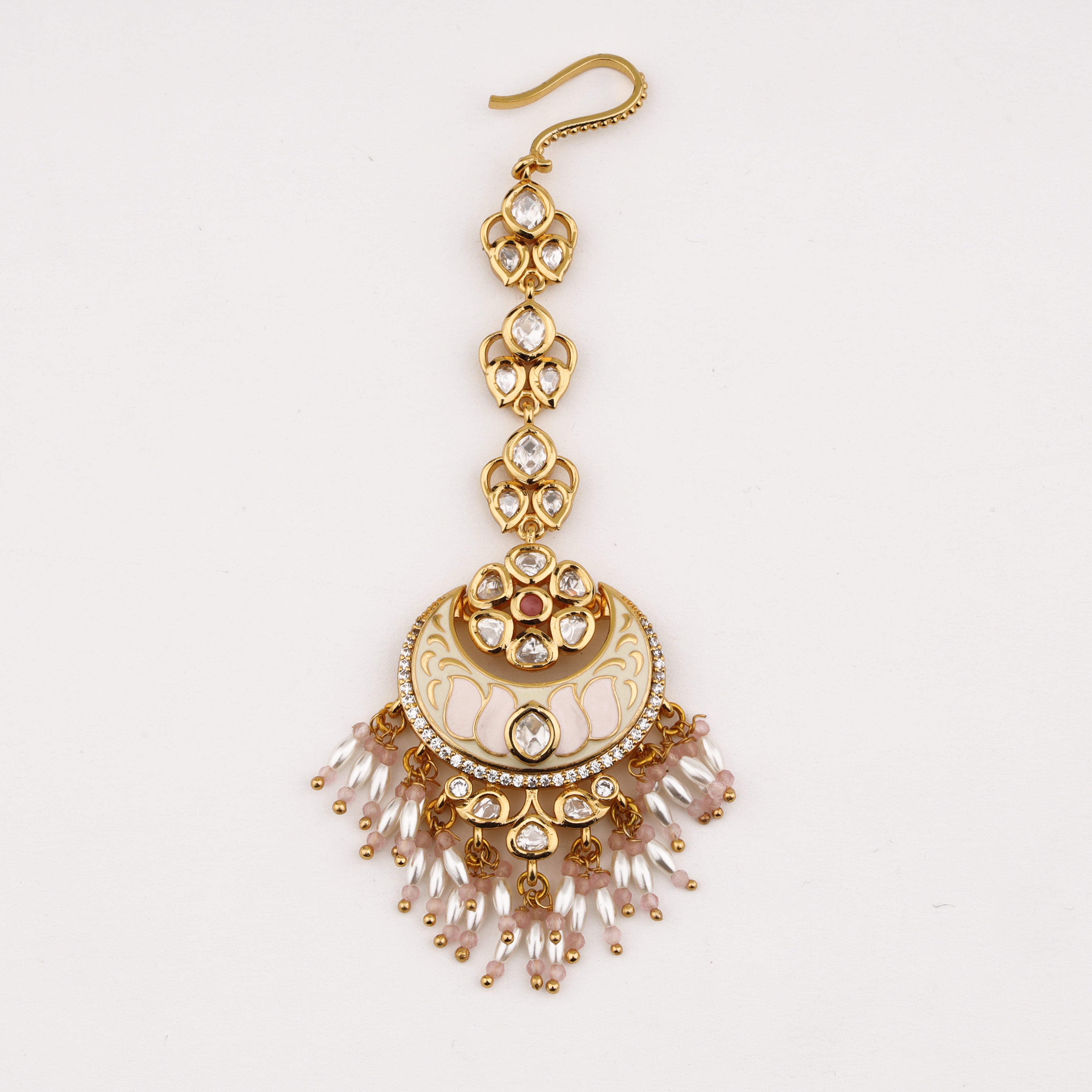 Blush Lotus Crescent Maang Tika with crystal detailing and blush pearl tassels by US Catalog