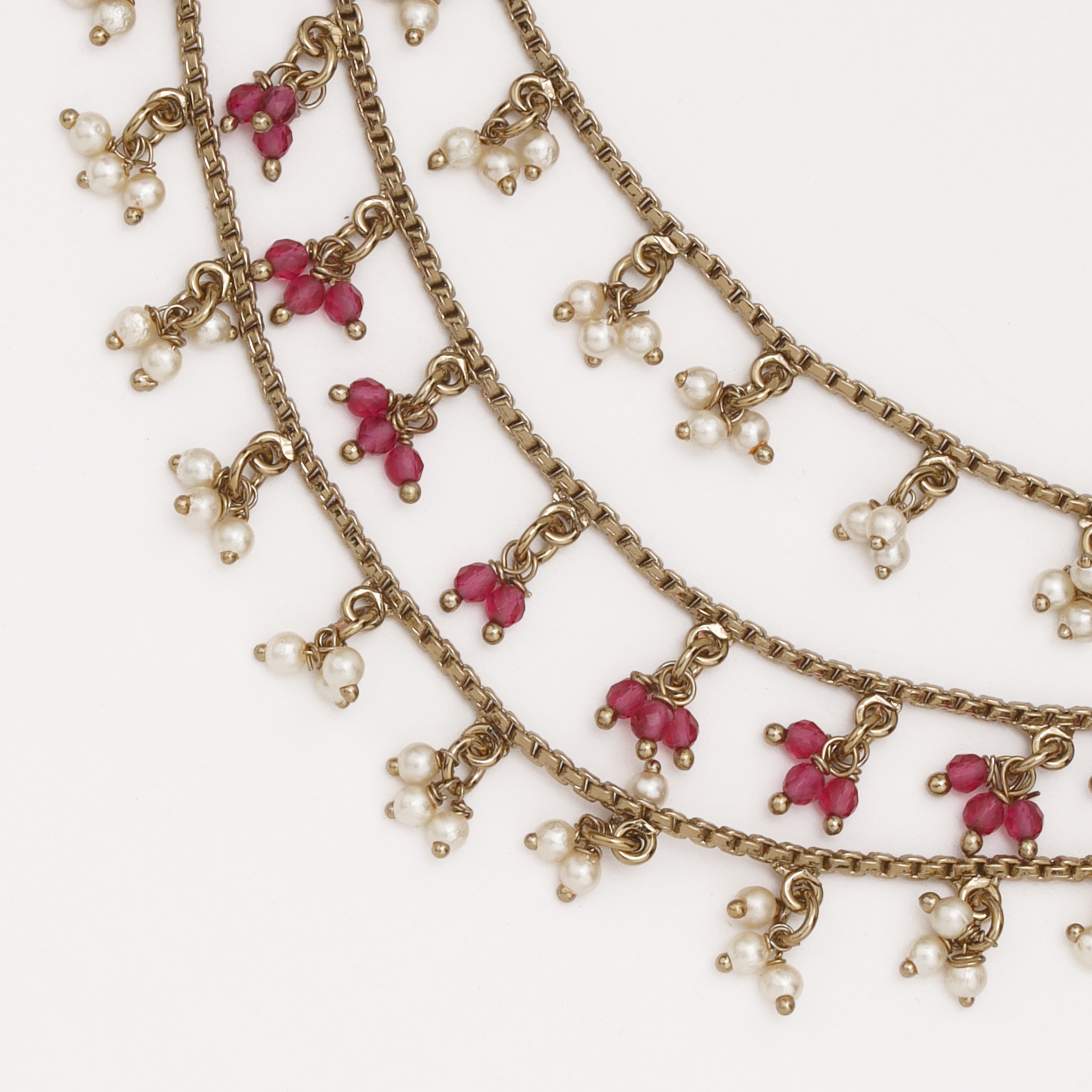 Ruby Pearl Drape Ear Chain with layered chains and pearl tassels by US Catalog