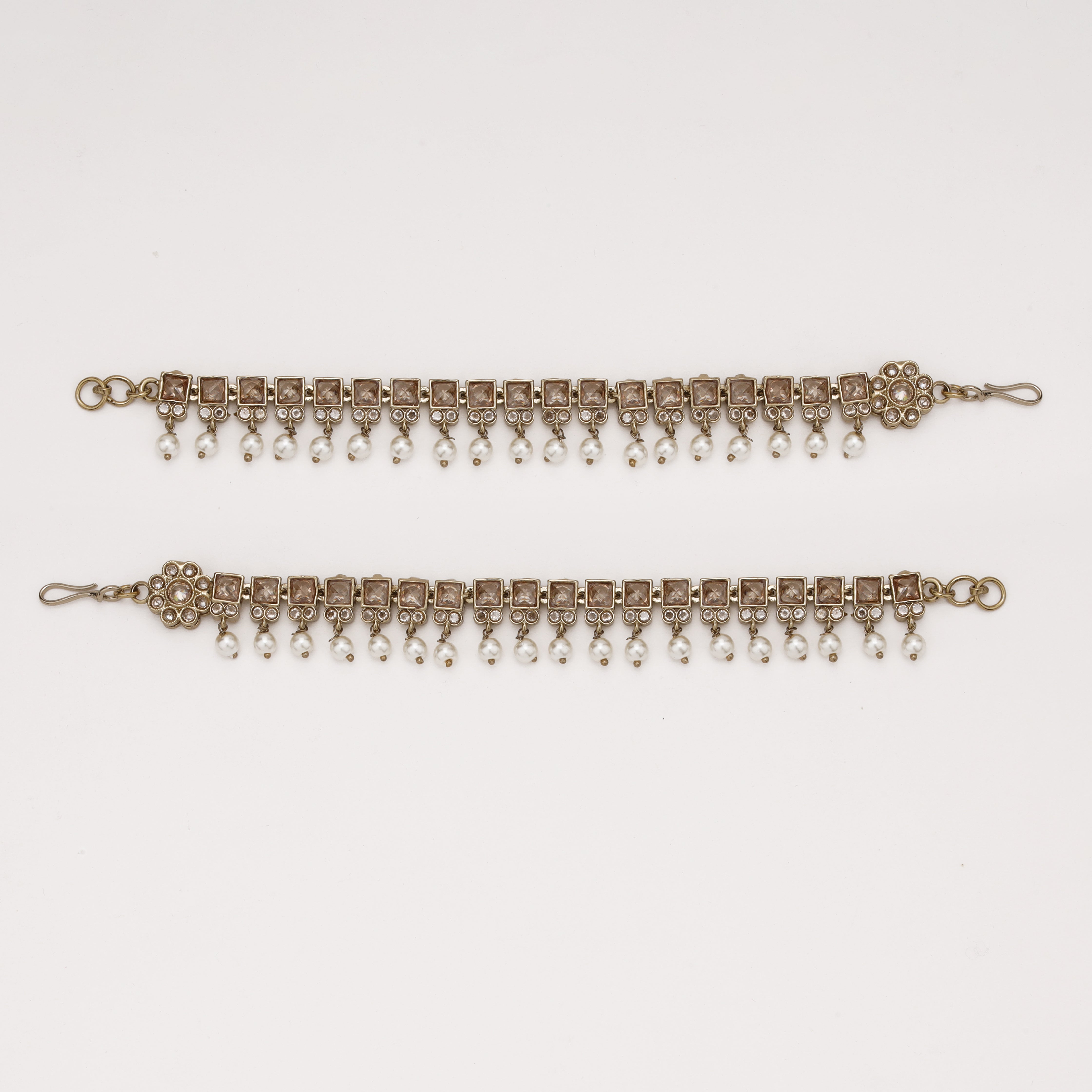 Champagne Crystal Pearl Ear Chain with geometric crystal design and pearl danglers by US Catalog