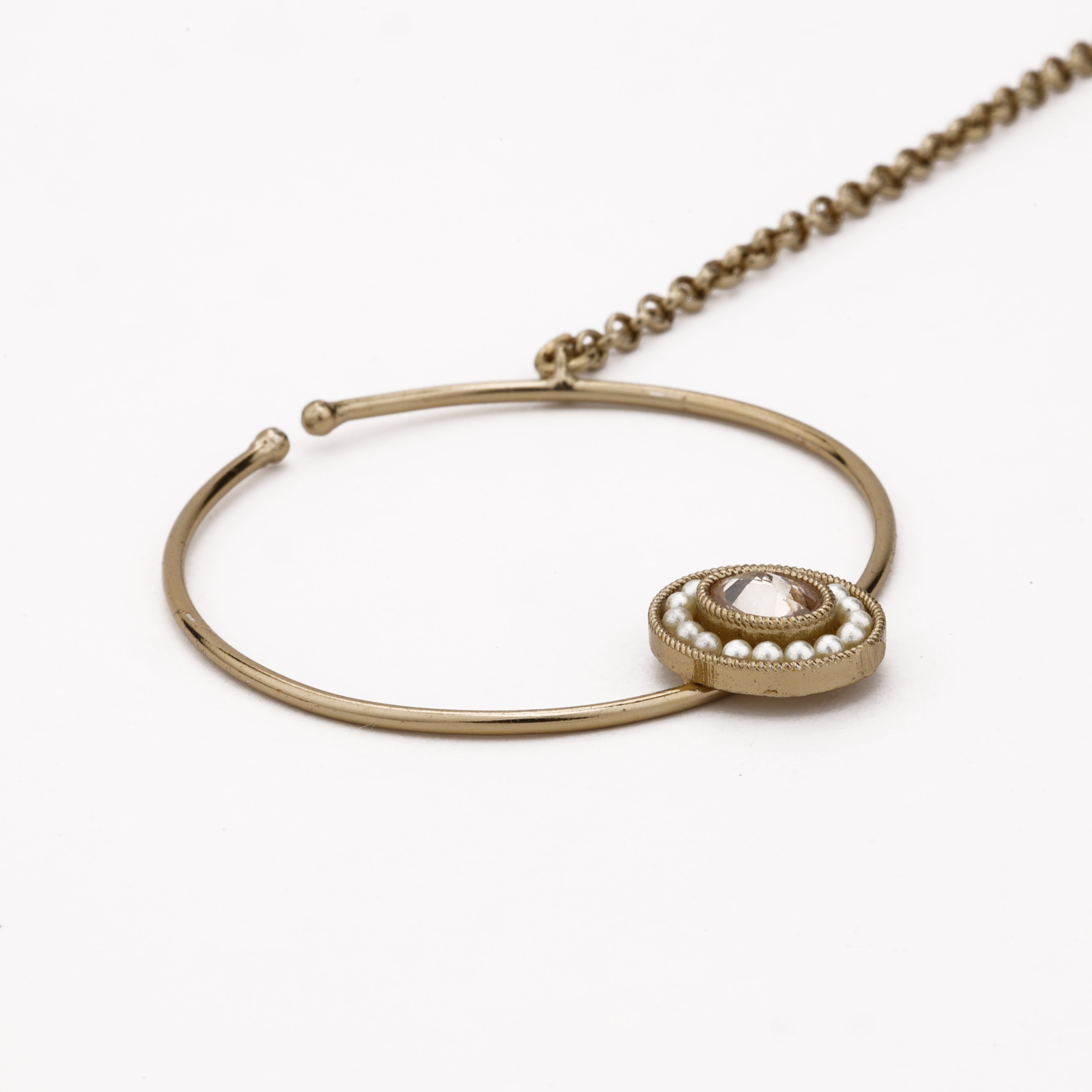 Antique gold Elowen oval stone pearl halo nath with large hoop and attached link chain from US Catalog
