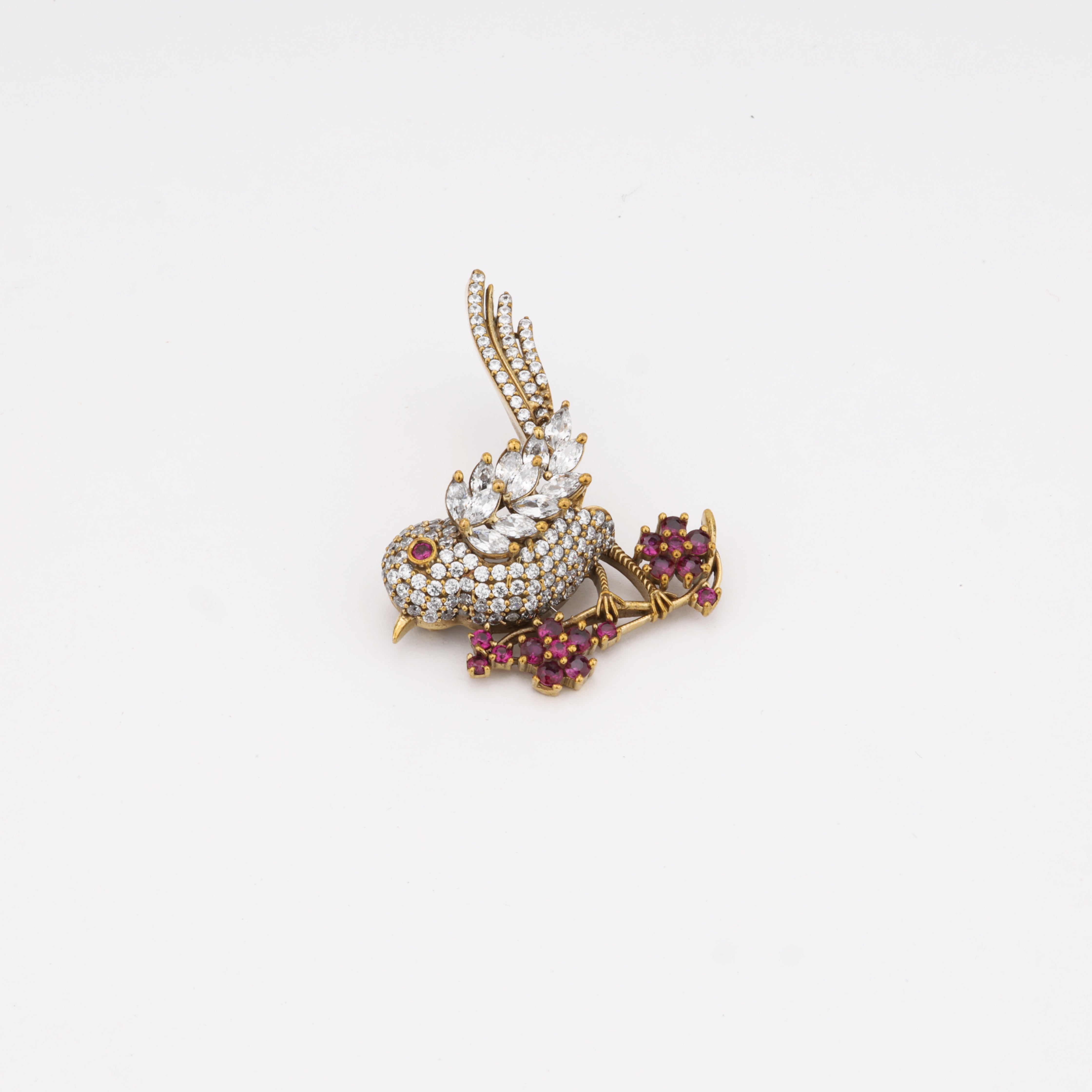Elegant Crystal Bird Floral Brooch with Pink Stone Accents