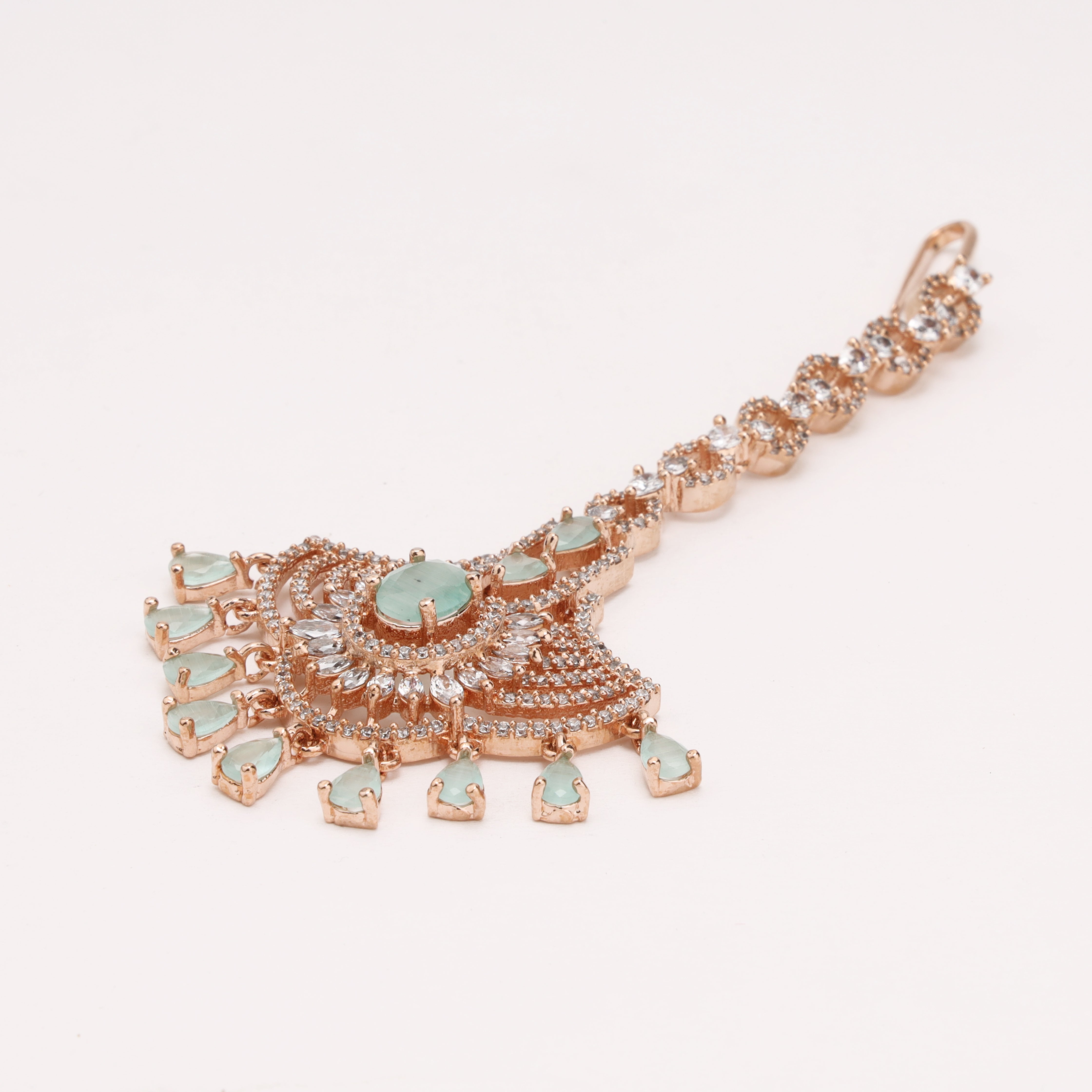 Rose Gold Mint Green Stone American Diamond Fan Maang Tikka with Hanging Drops