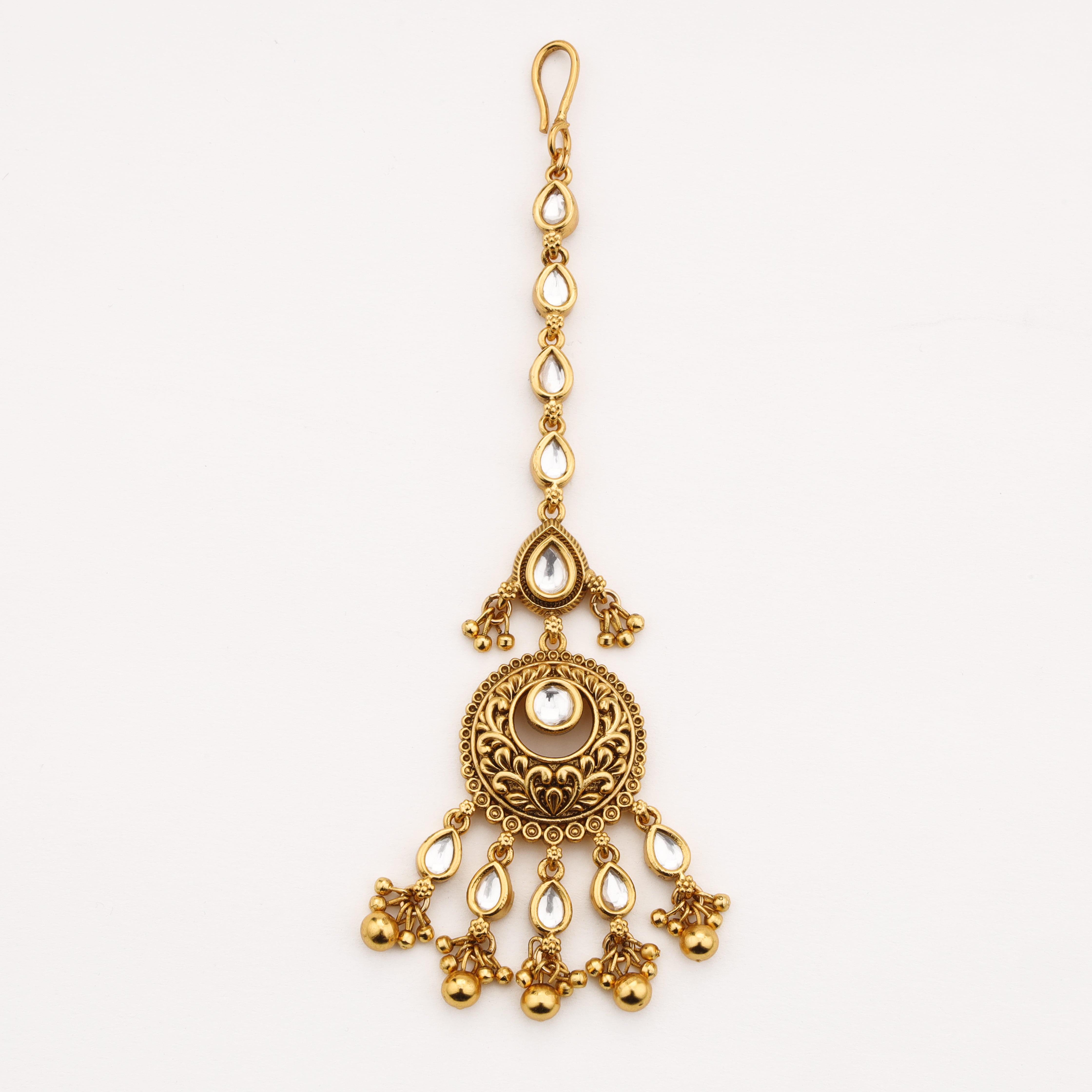 Diamond royal Chand Maang Tika in antique gold finish with hanging bead charms by US Catalog