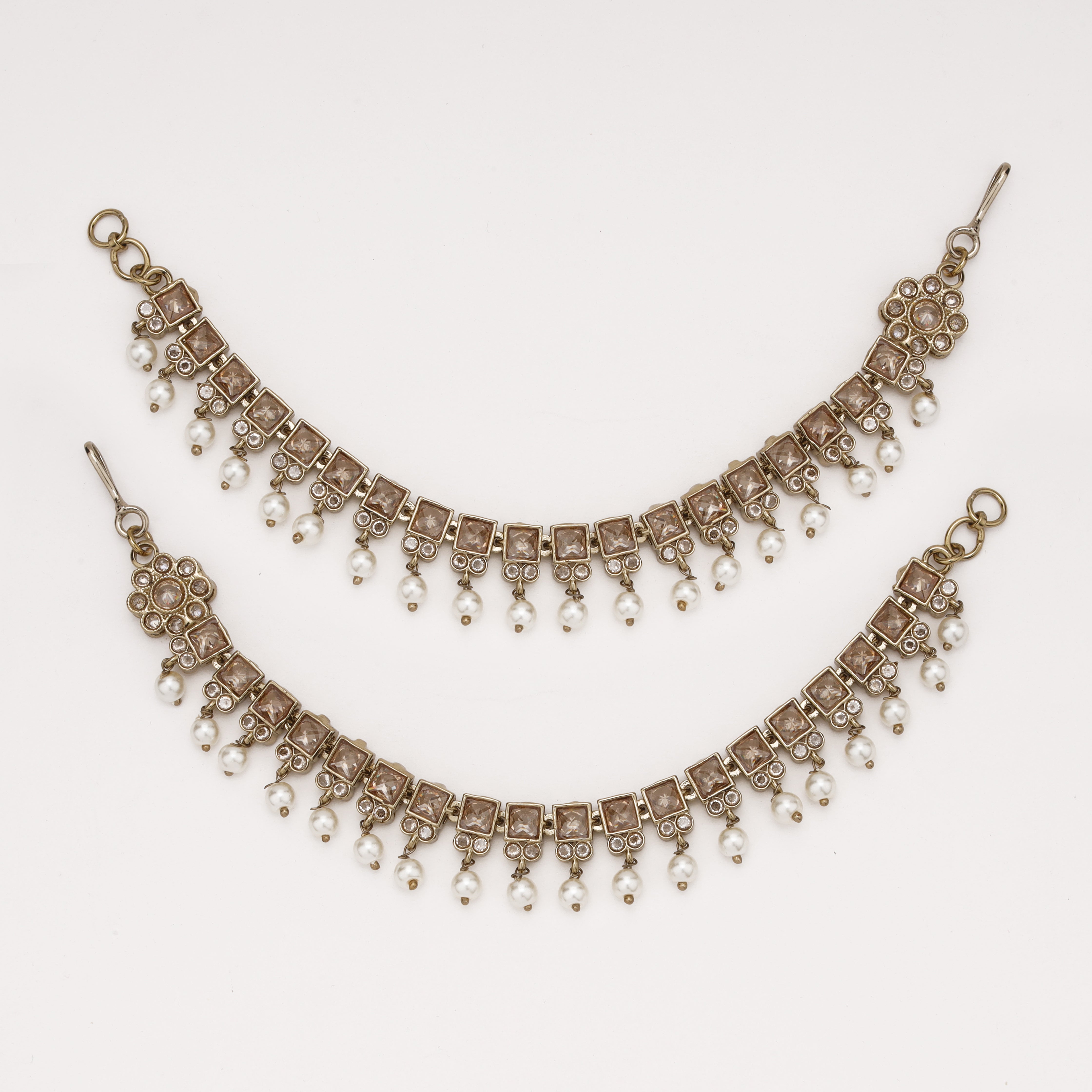 Champagne Crystal Pearl Ear Chain with geometric crystal design and pearl danglers by US Catalog