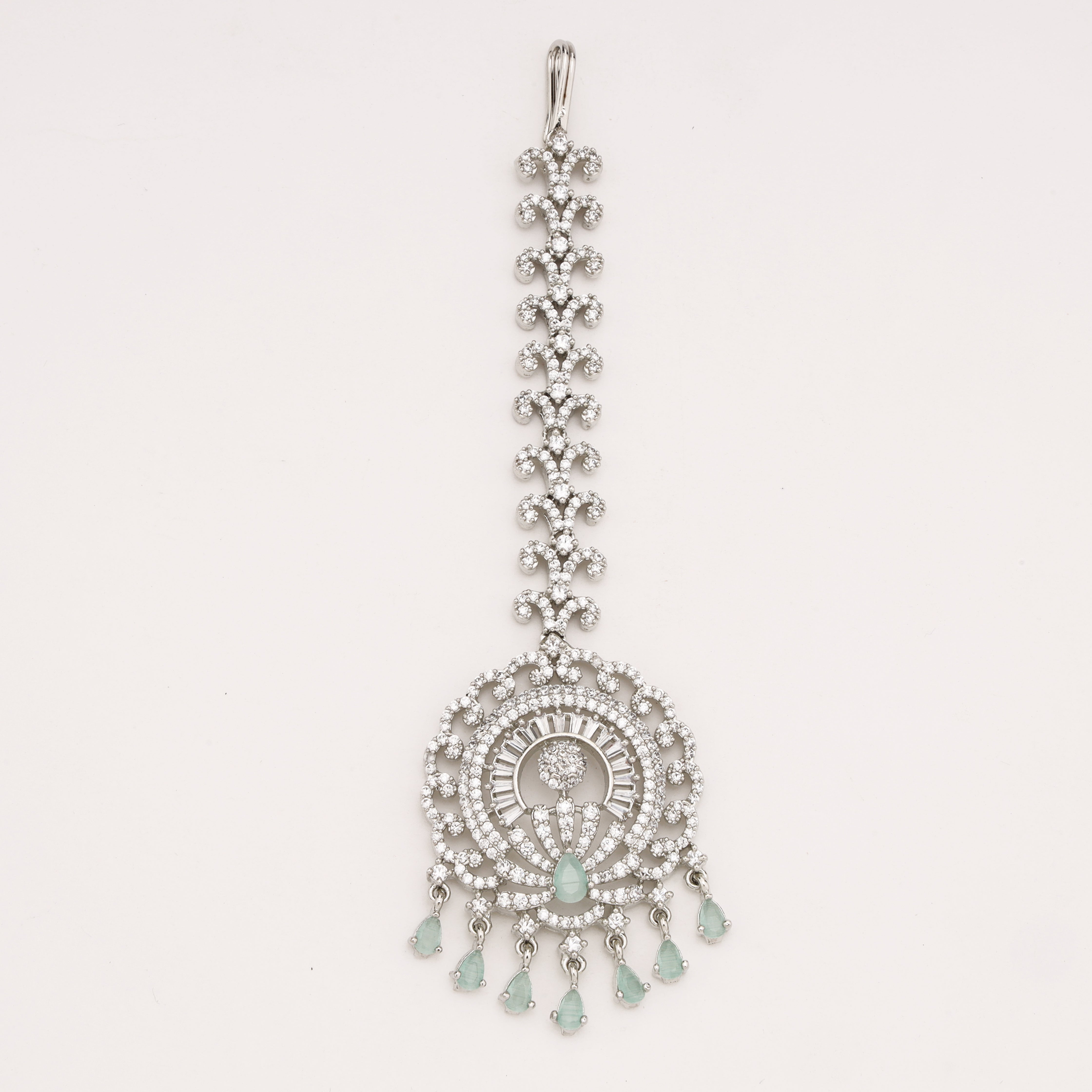 Silver Finish Mint Green Stone American Diamond Round Halo Maang Tikka