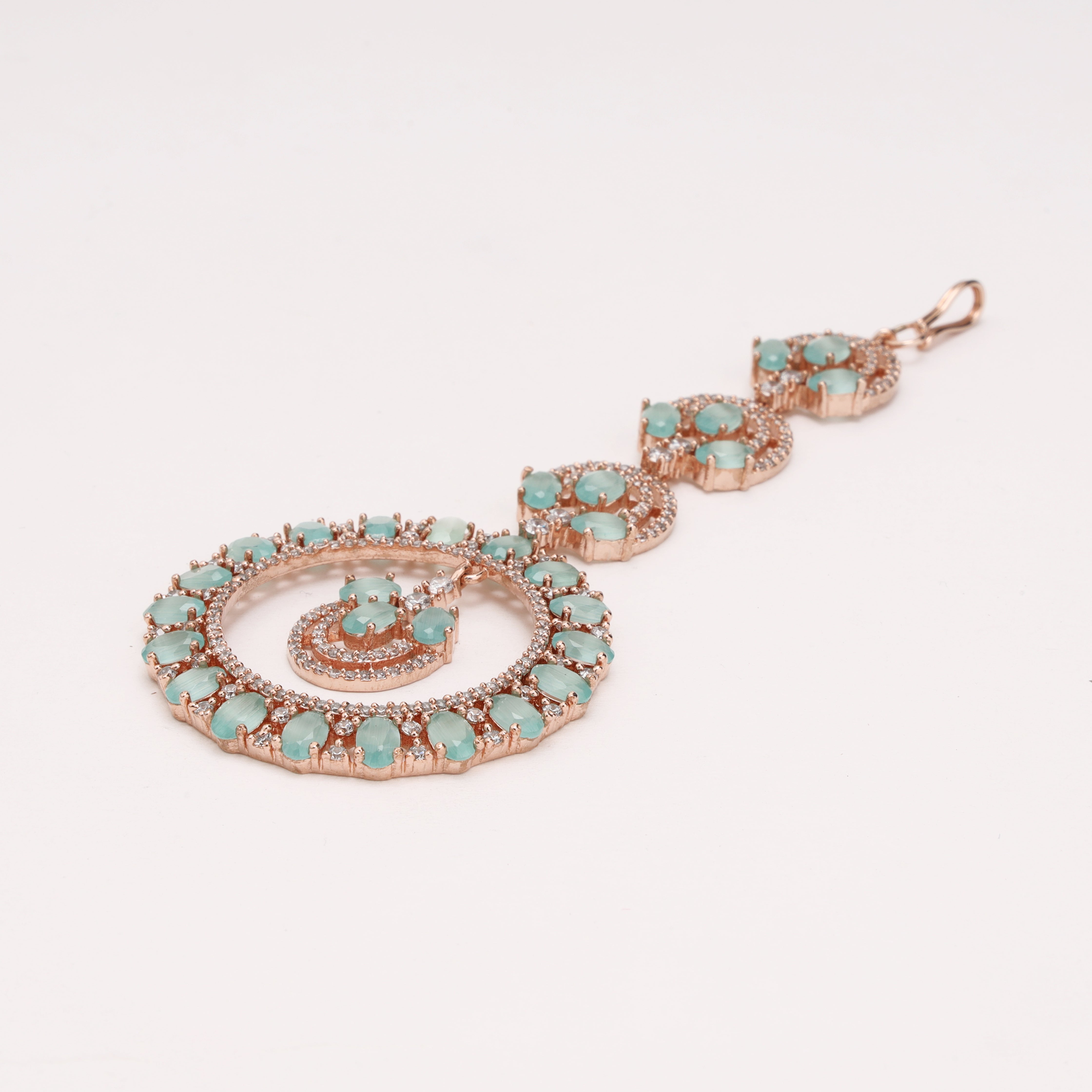 Rose Gold Mint Green Stone American Diamond Circular Halo Maang Tikka