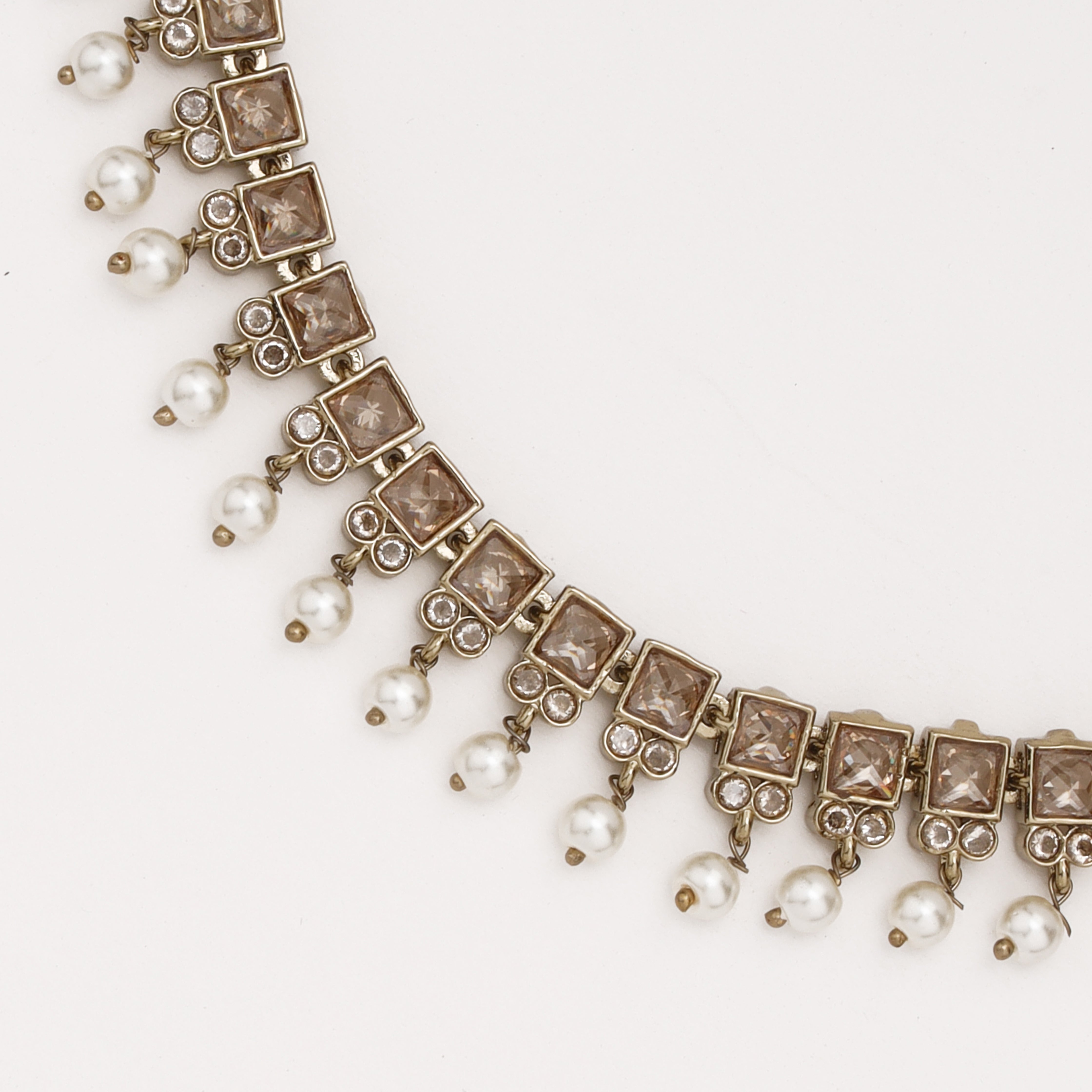 Champagne Crystal Pearl Ear Chain with geometric crystal design and pearl danglers by US Catalog