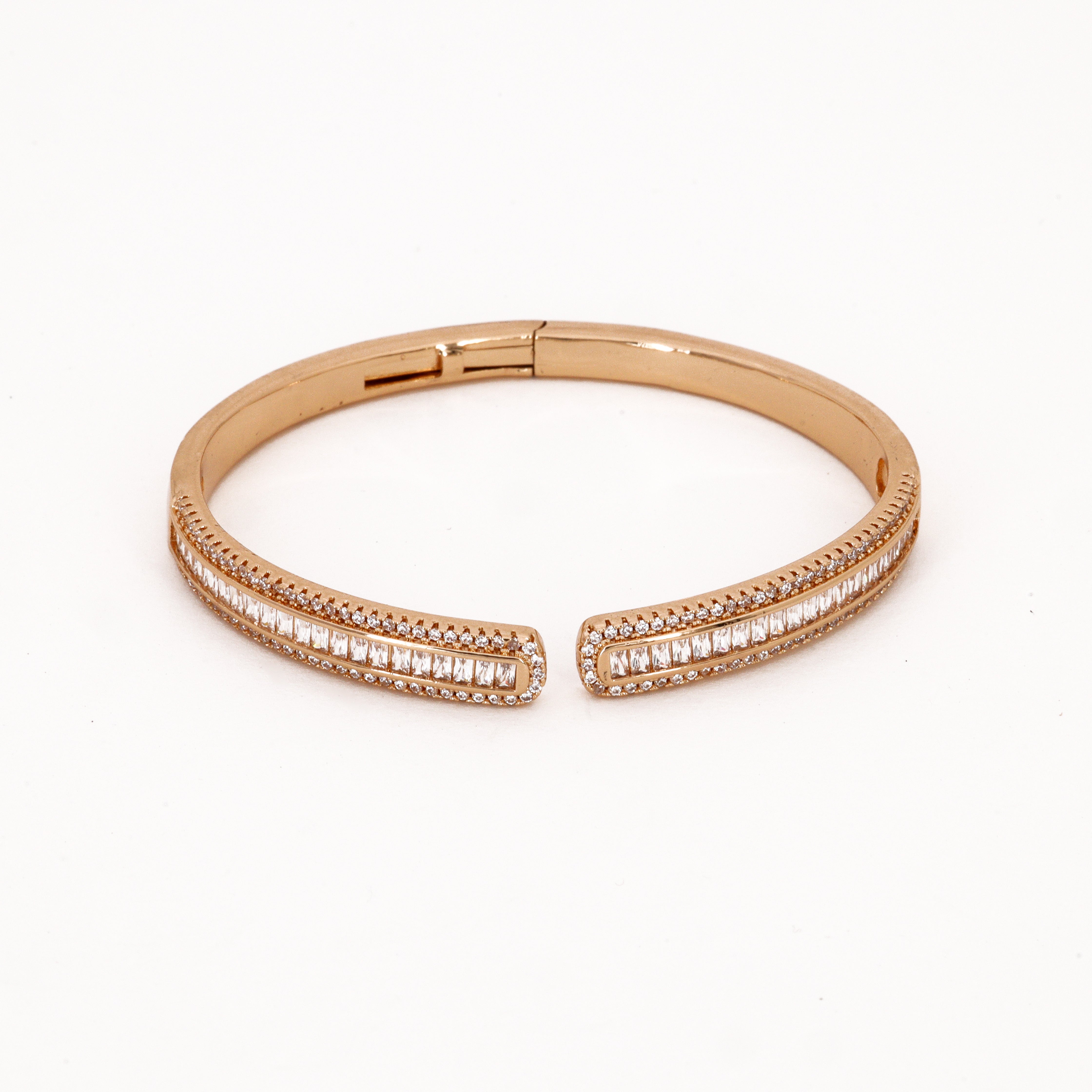 Rose Gold Crystals Bangle Bracelet featuring an open-front design with mixed clear crystals on a white background for US Catalog