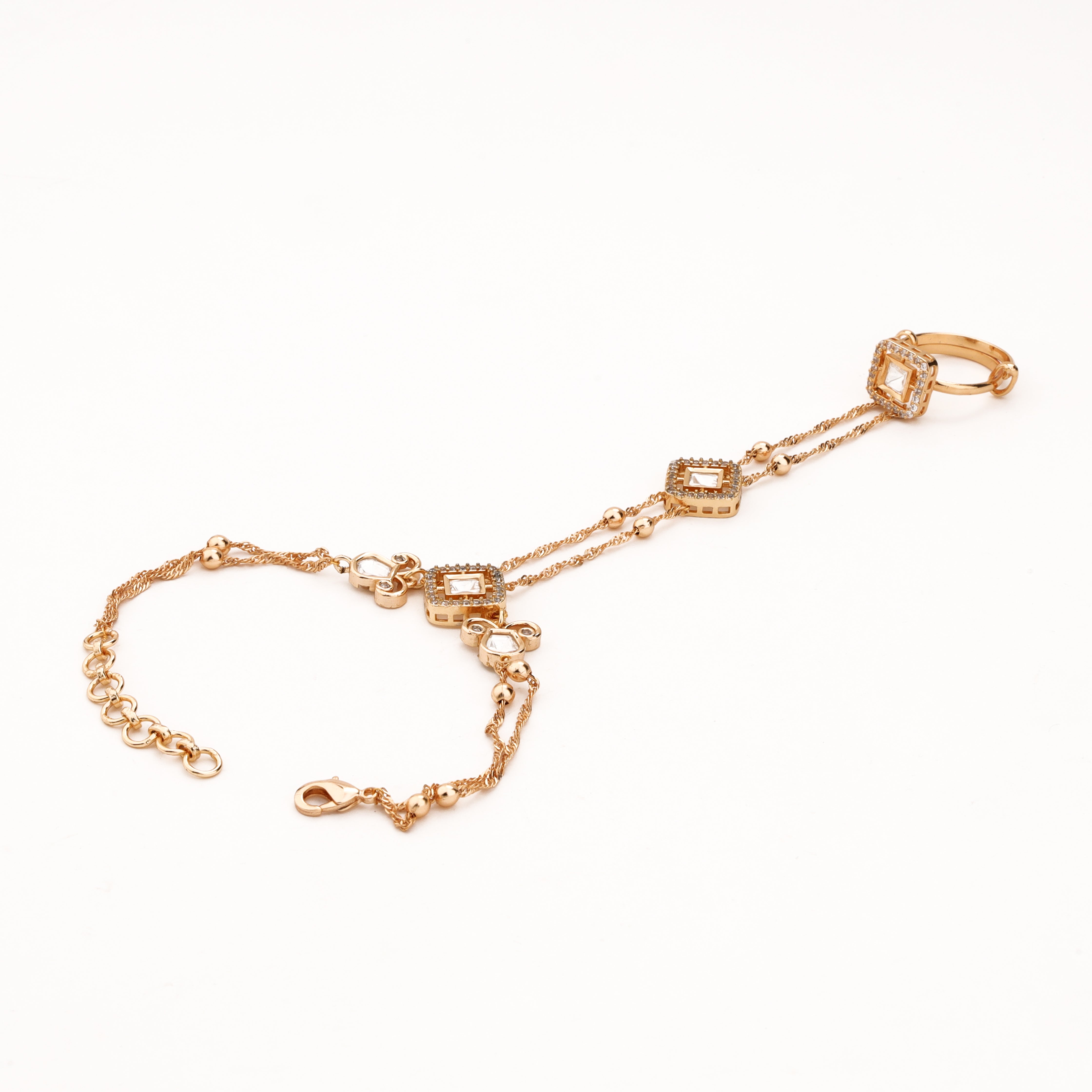 Rose gold square crystal chain pocha with clear stones, double chains, bead accents and adjustable finger ring