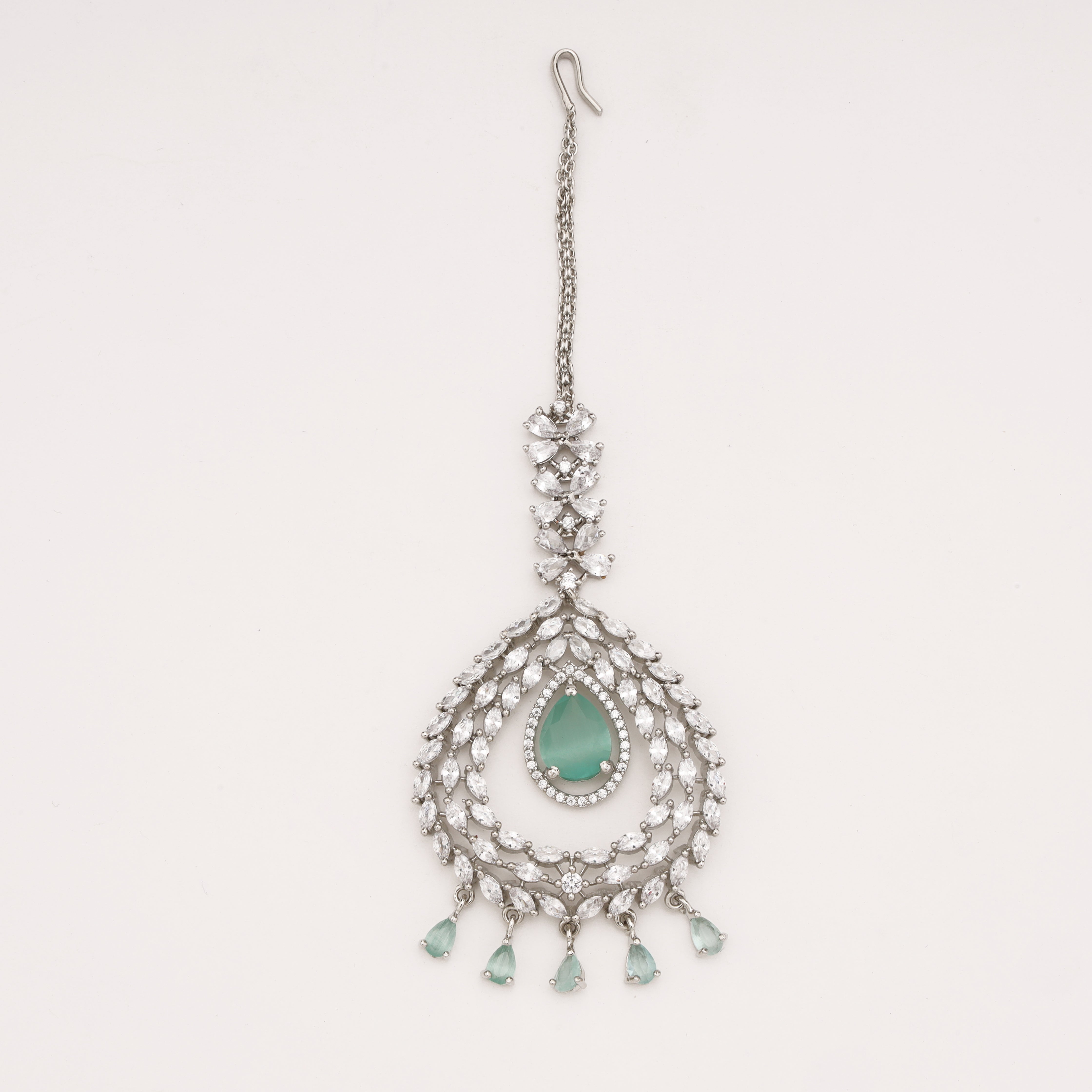 American Diamond Floral Teardrop Layered Maang Tikka with Hanging Drops