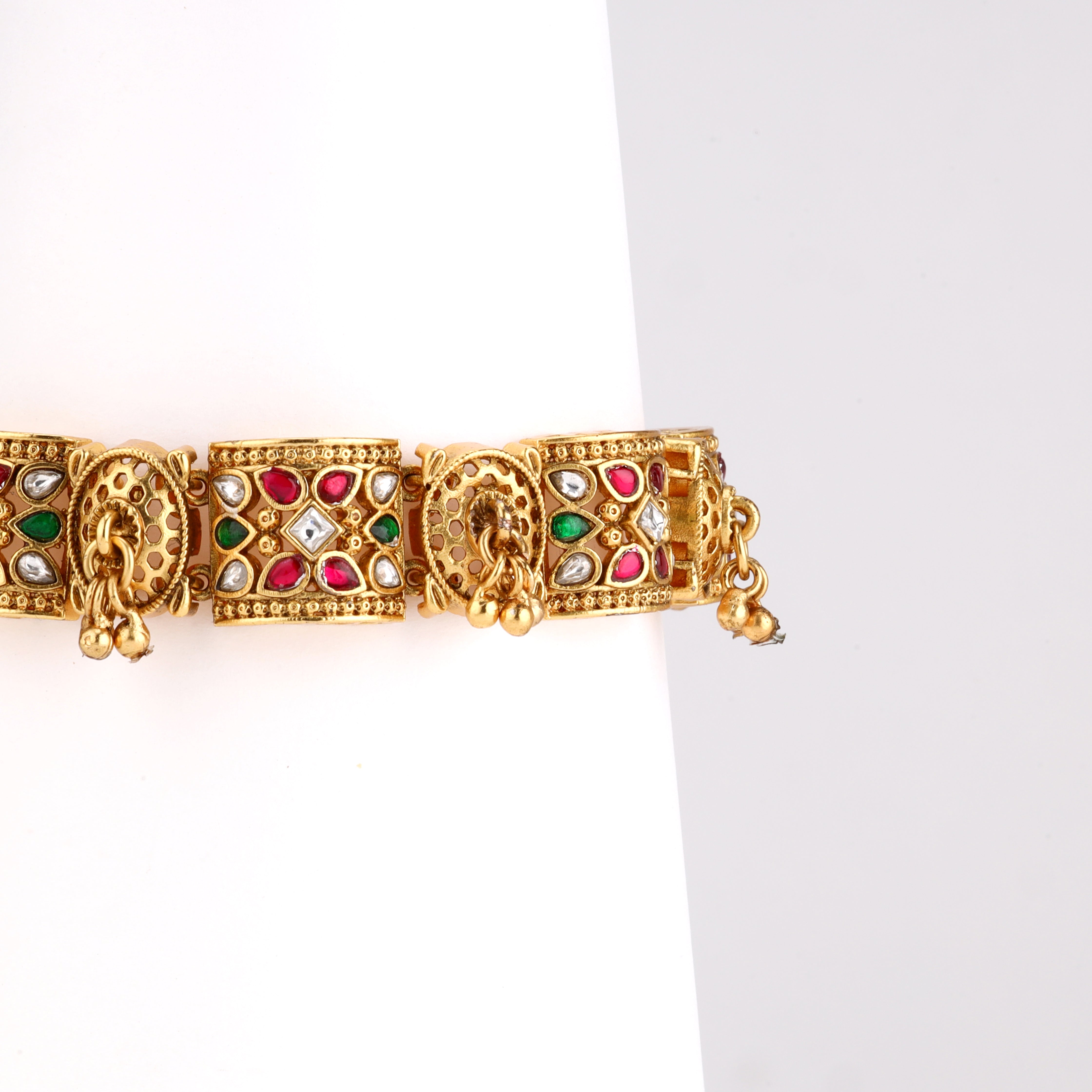 Antique Gold Kundan Navratna Stone Ghungroo Choker Bracelet
