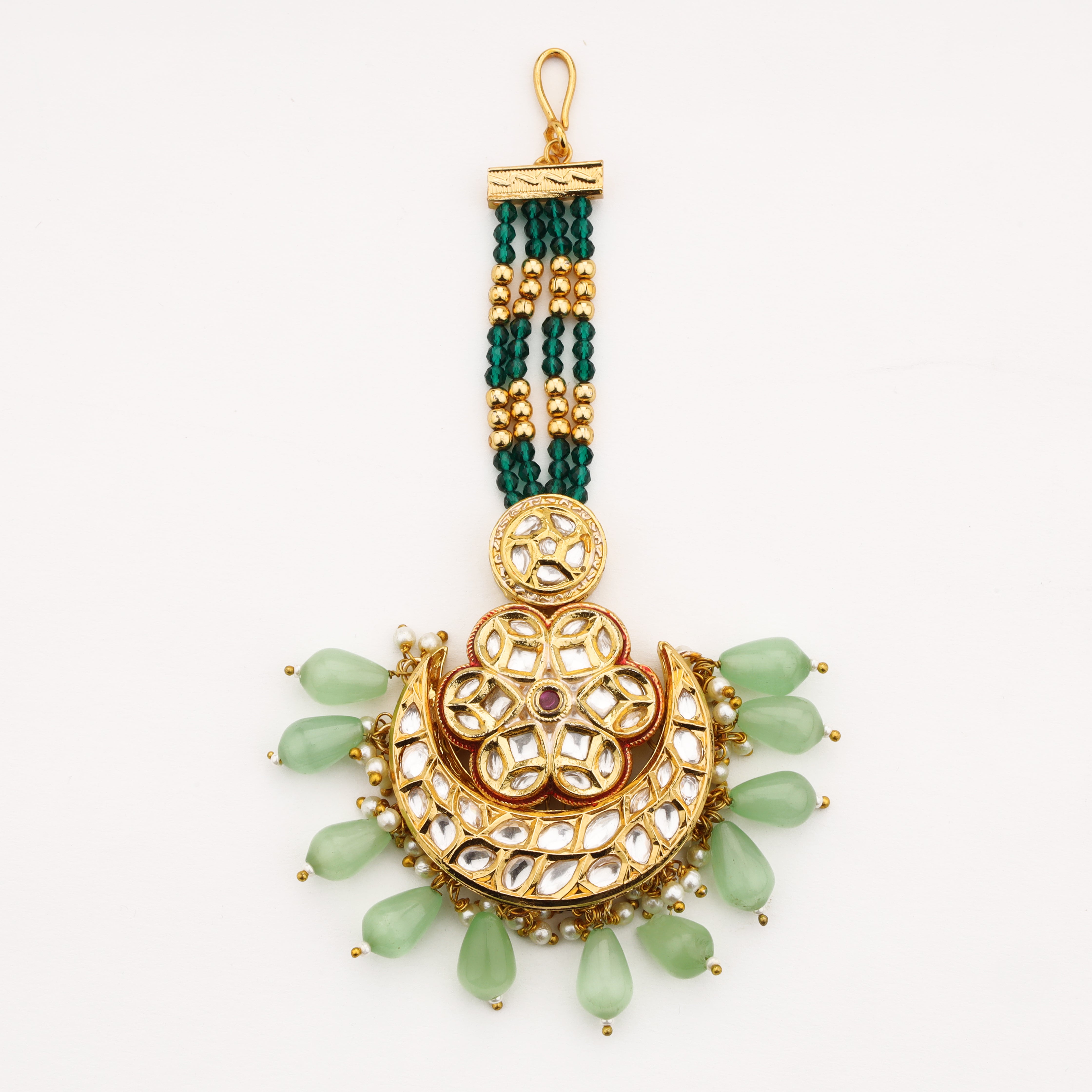 Statement mint green Kundan Maang Tika with floral design and bead drops by US Catalog