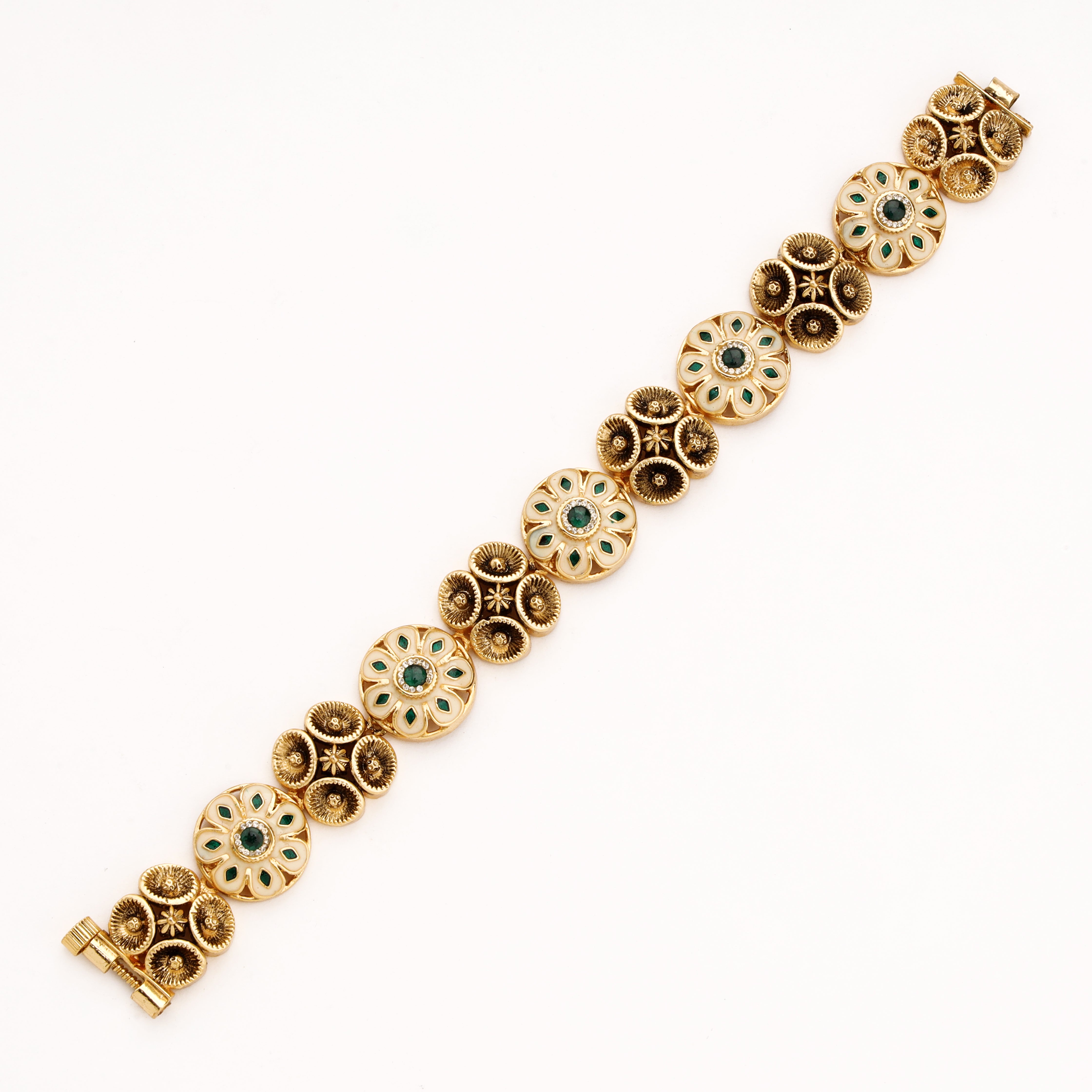 Antique Gold Floral Enamel Stone Articulated Hinged Traditional Bracelet