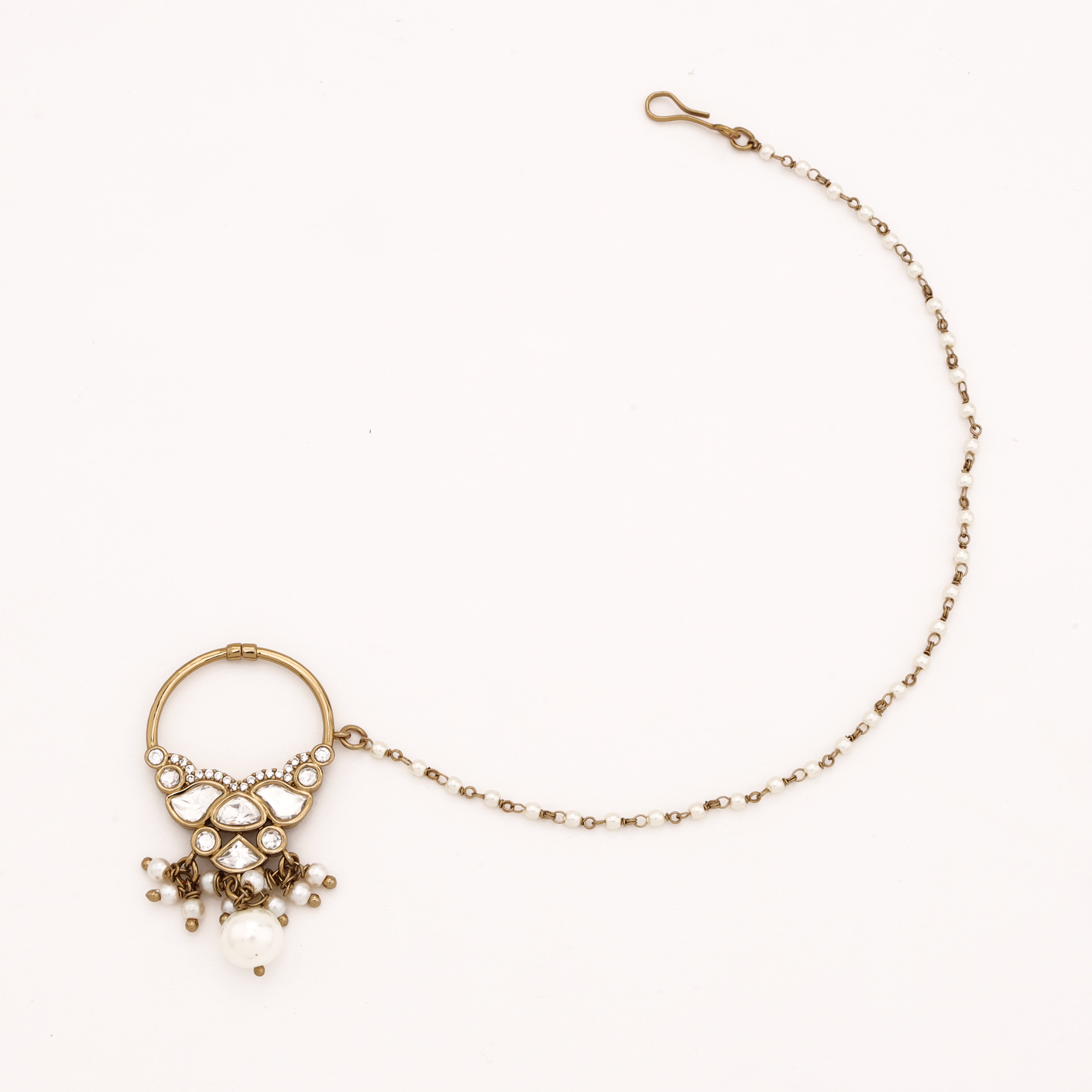 Antique gold Aarisha regal polki pearl nath with ornate white stones, layered pearl drops and attached beaded chain from US Catalog