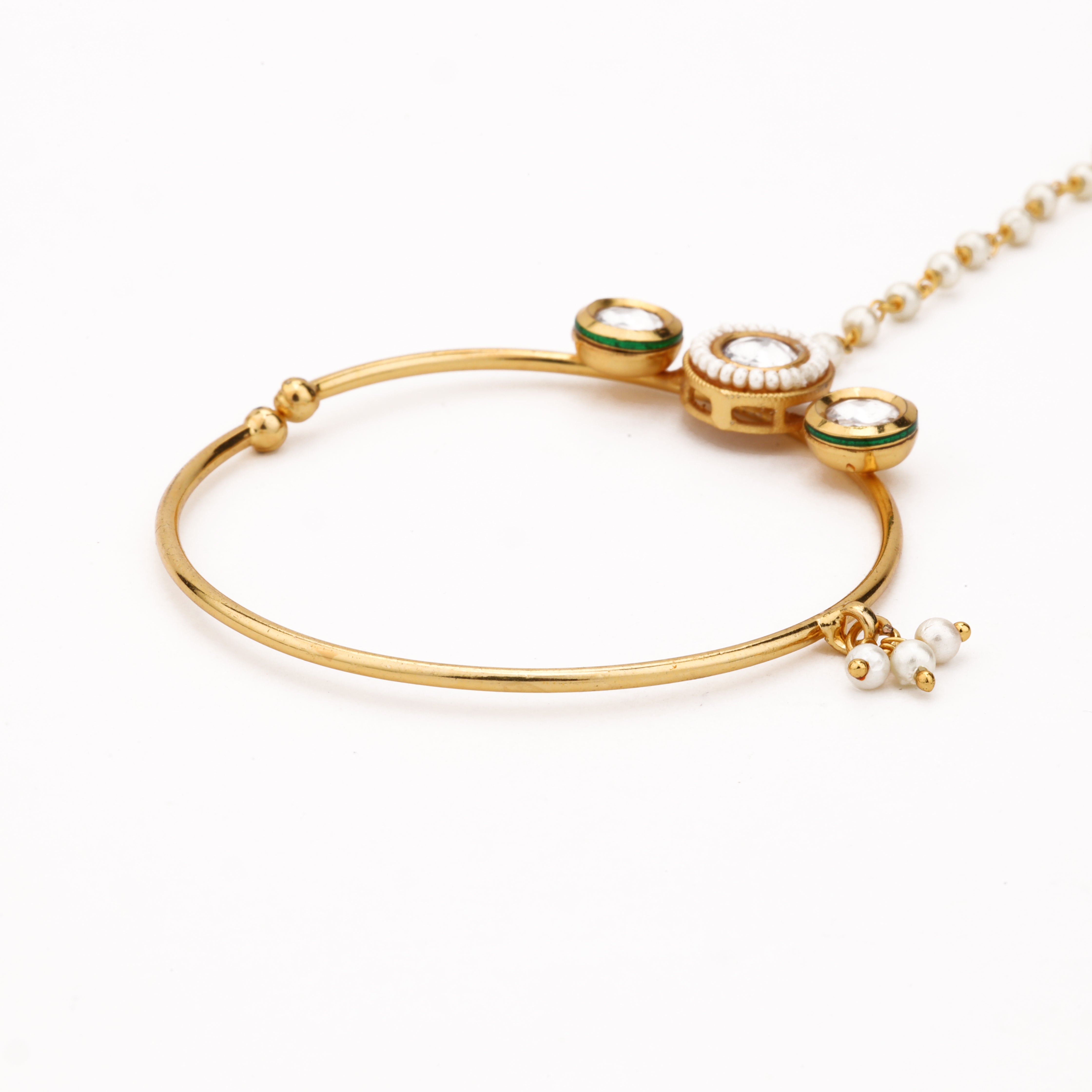 Gold Vireya triple halo pearl nath with three white stones, large hoop, pearl drop and attached beaded chain from US Catalog