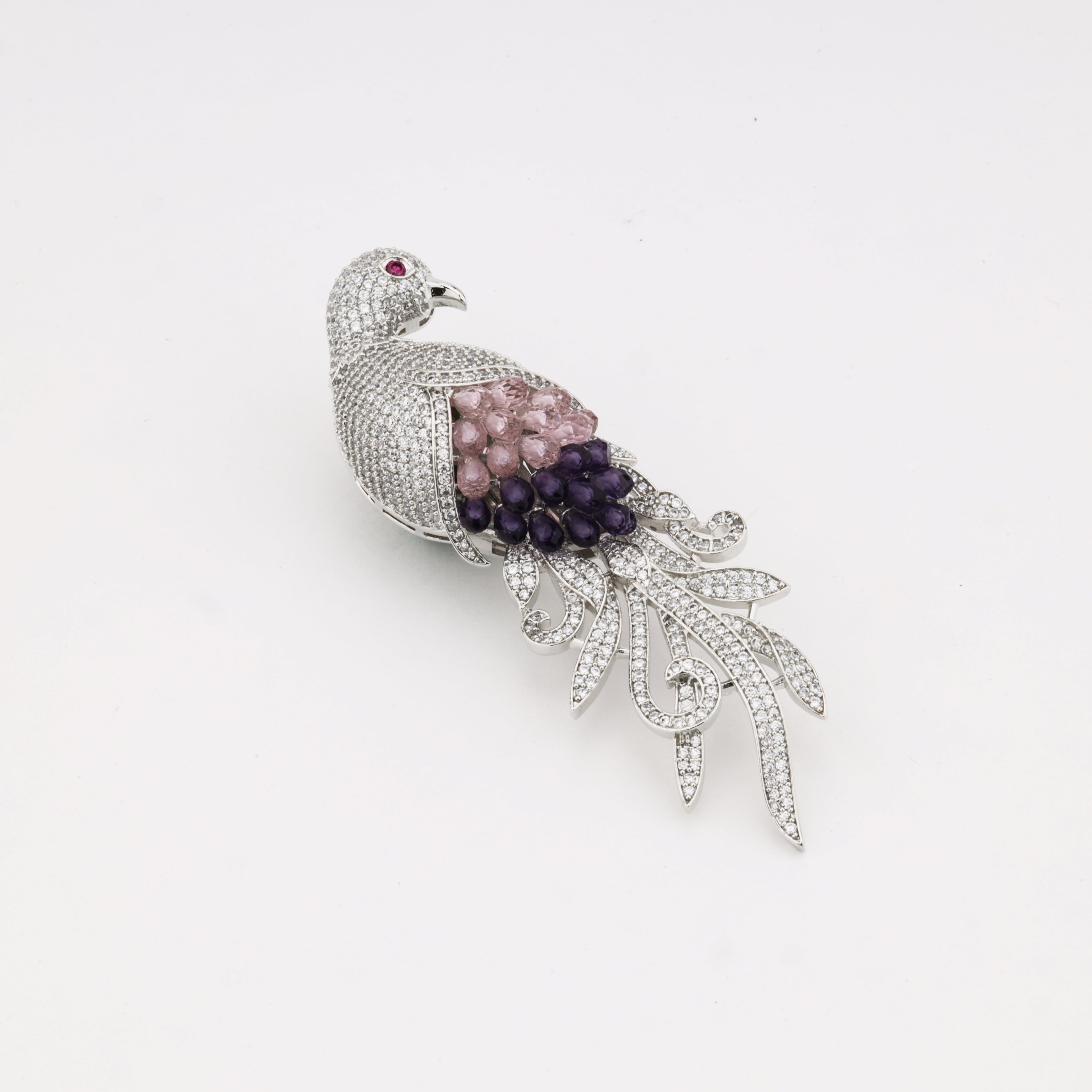 Crystal Bird Brooch with Pink & Purple Accents