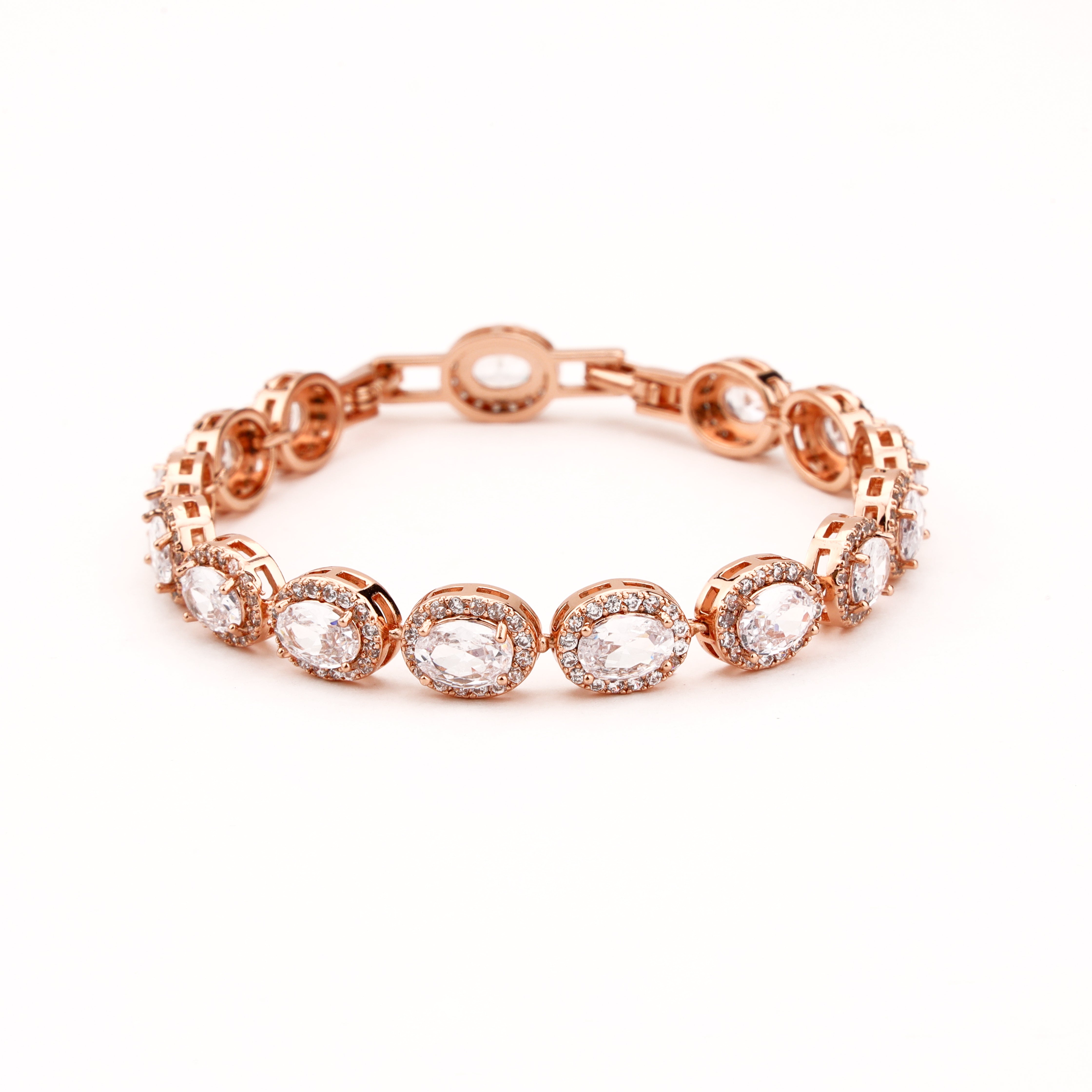 Rosalie rose-gold-tone bracelet with clear oval crystals surrounded by sparkling halo accents
