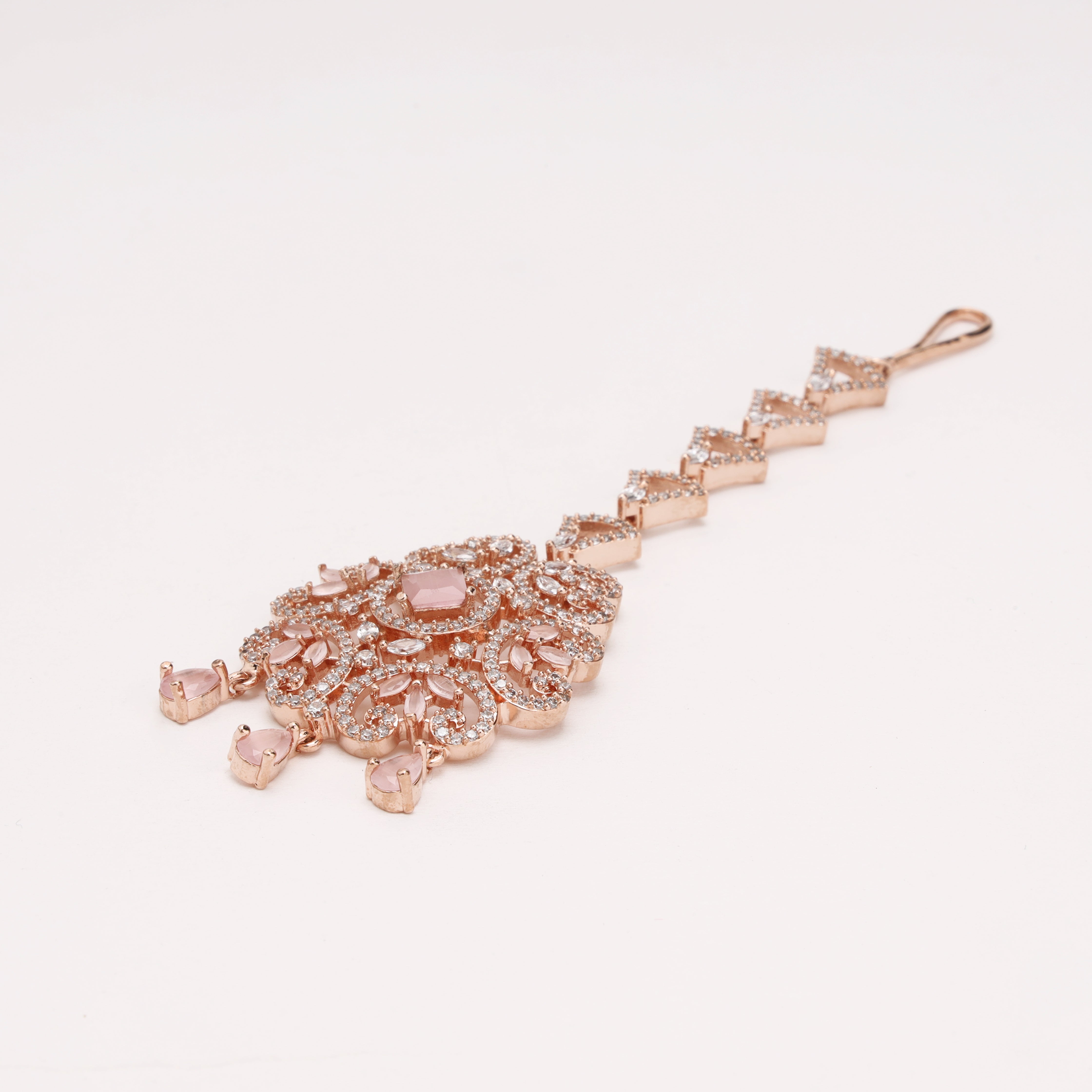 Rose Gold Peach Stone Jaali American Diamond Maang Tikka