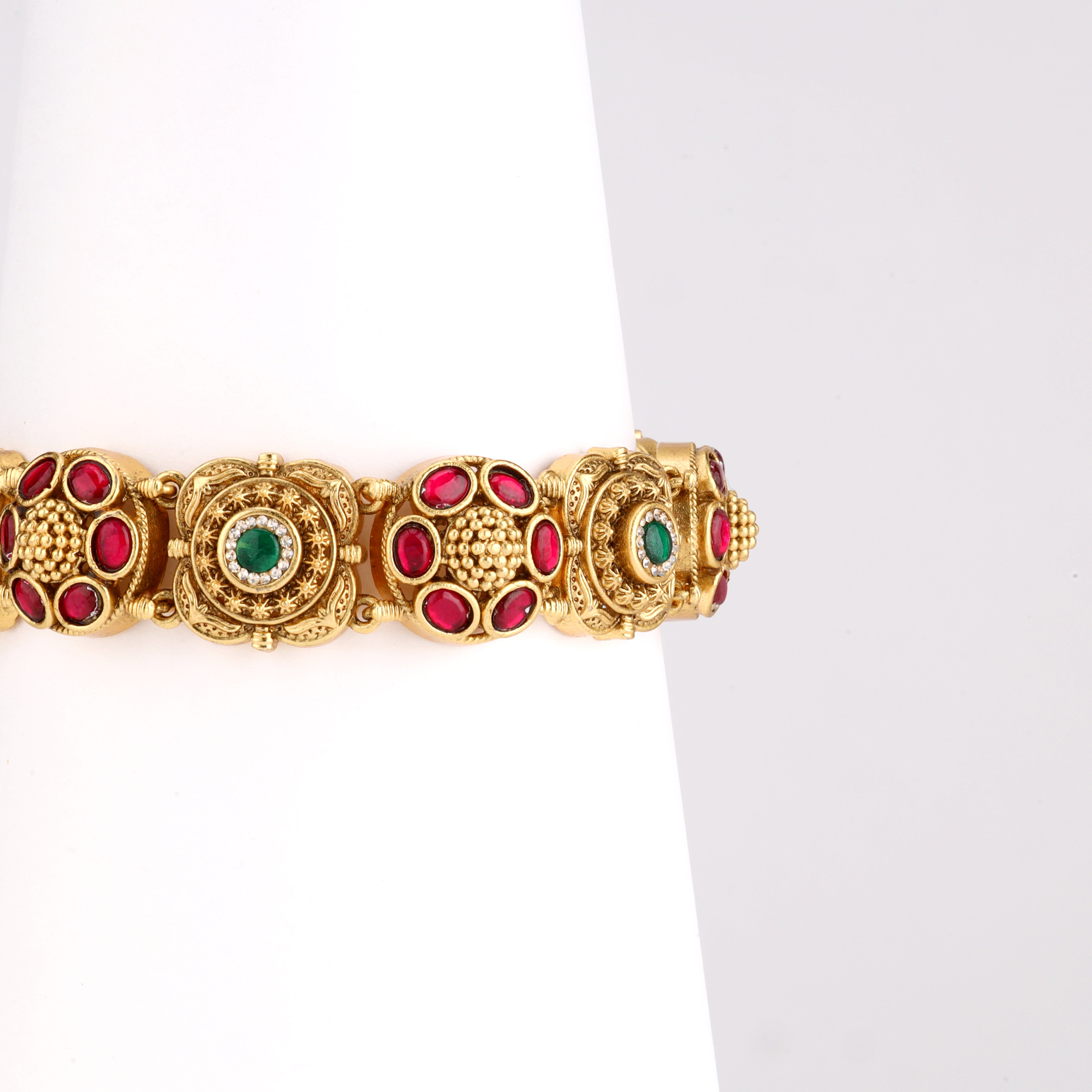Antique Gold Floral Medallion Stone Articulated Statement Bracelet