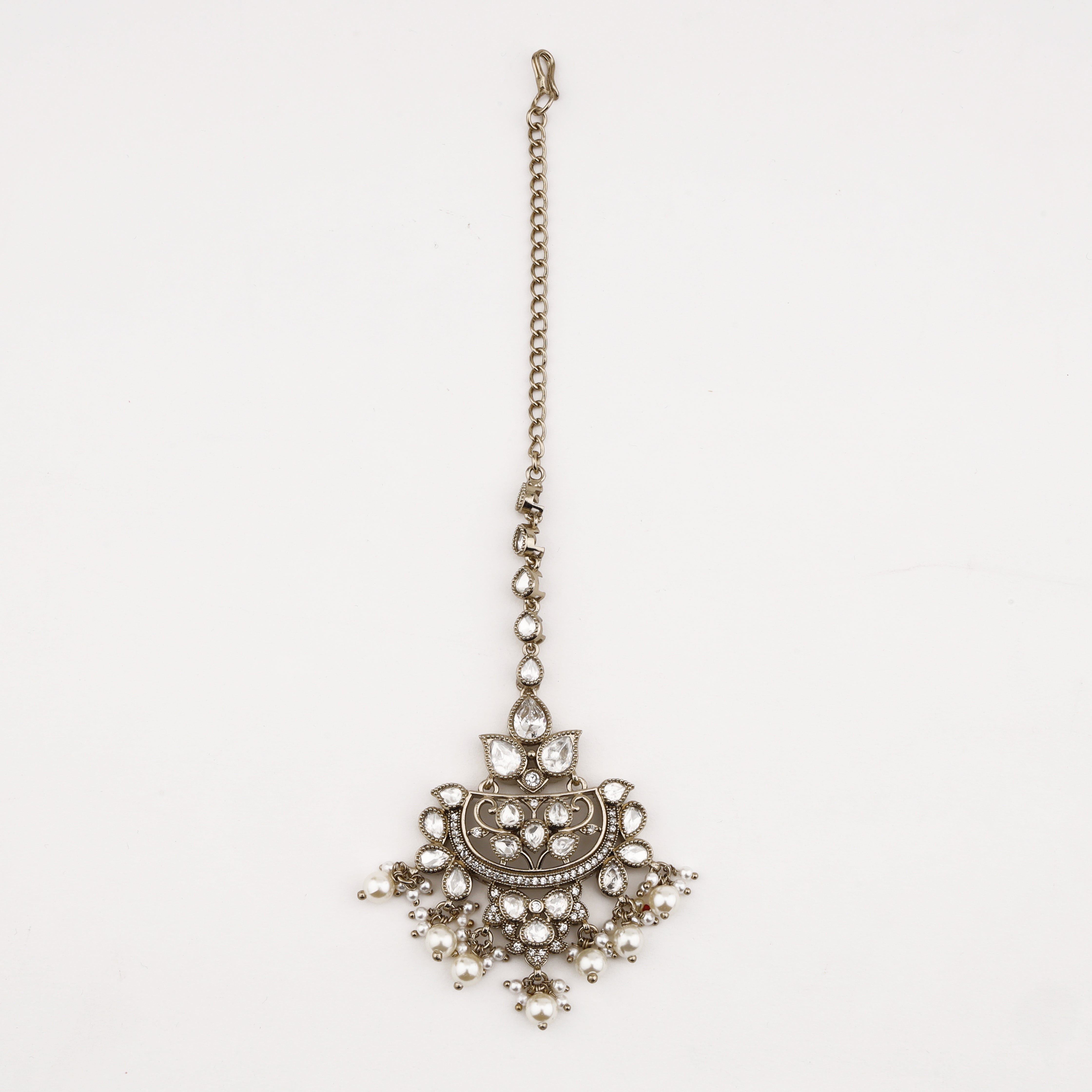 Celestial Pearl Crescent Maang Tika with crystal detailing and pearl tassels by US Catalog