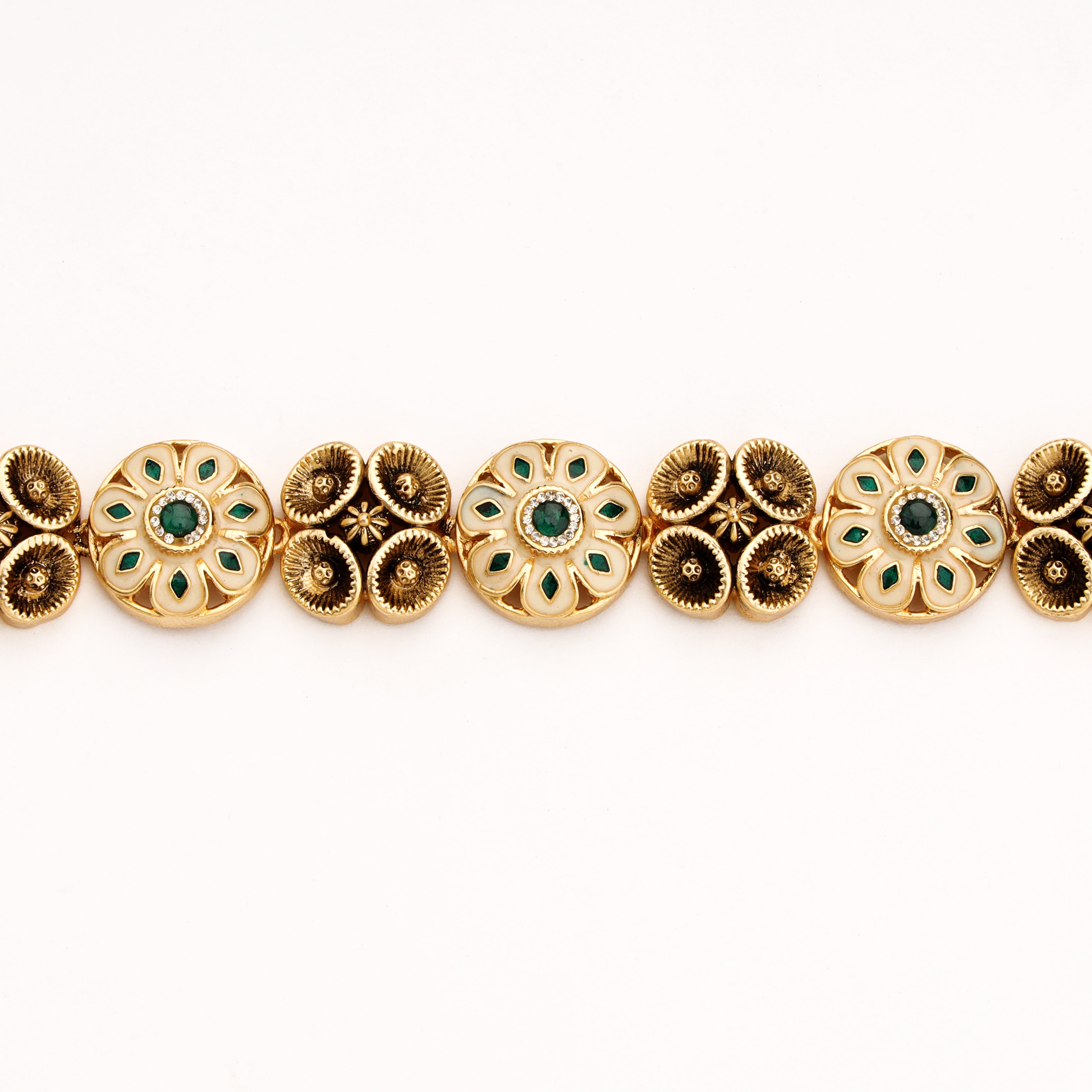Antique Gold Floral Enamel Stone Articulated Hinged Traditional Bracelet