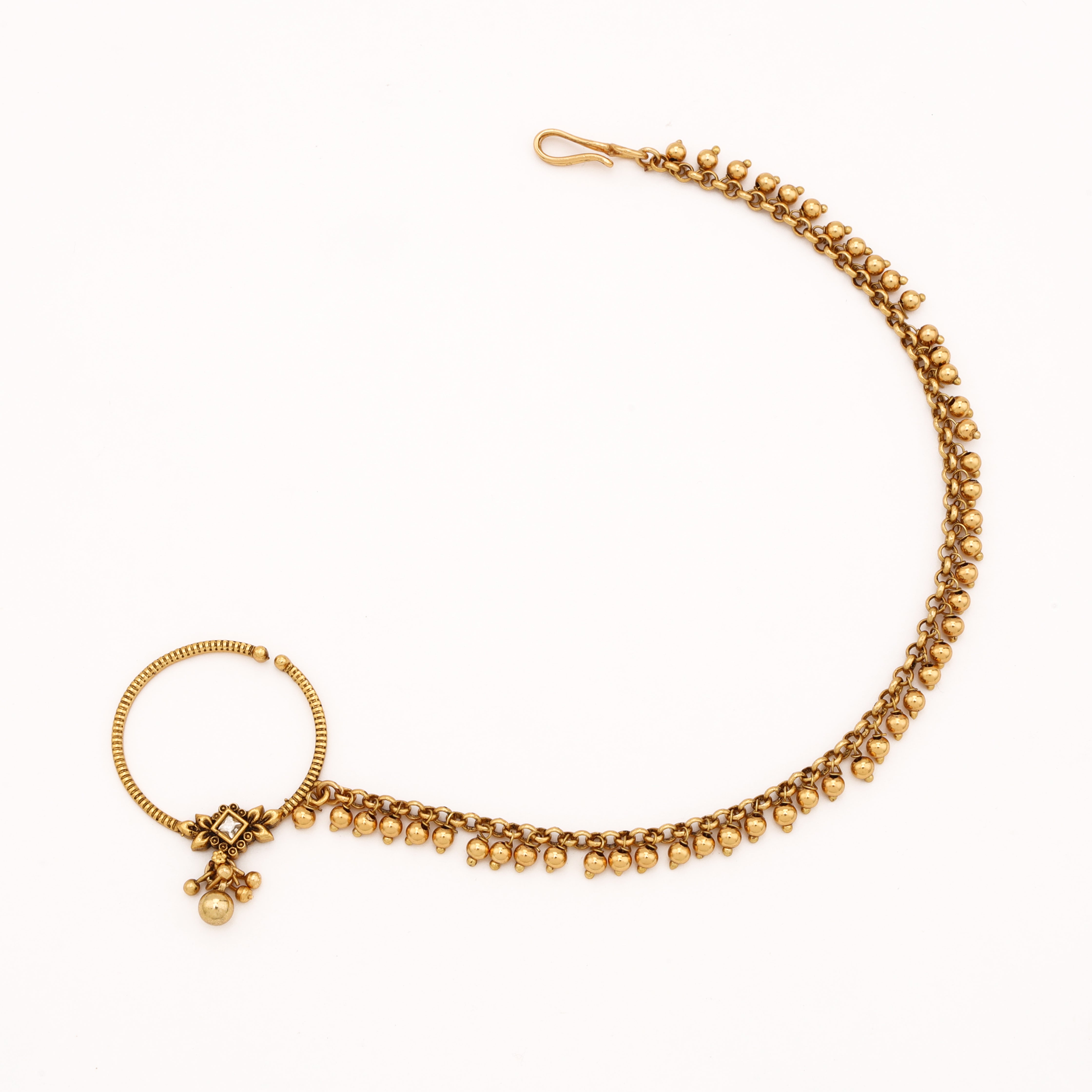 Antique gold Ghungroo Cascade Nath with textured hoop, floral stone motif and metal bead chain from US Catalog