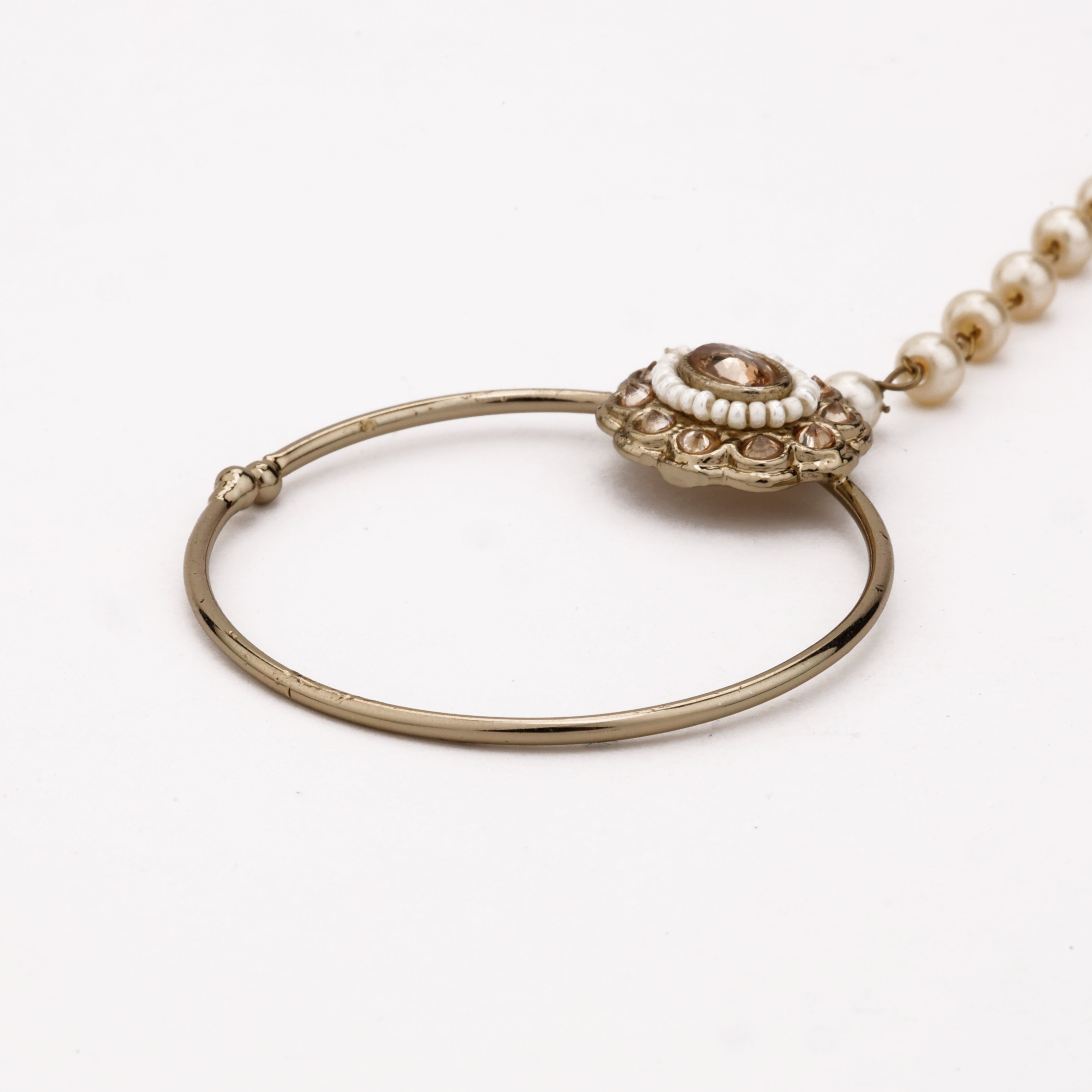 Antique gold Zareen oval pearl medallion nath with smoky centre stone, large hoop and pearl-beaded chain from US Catalog