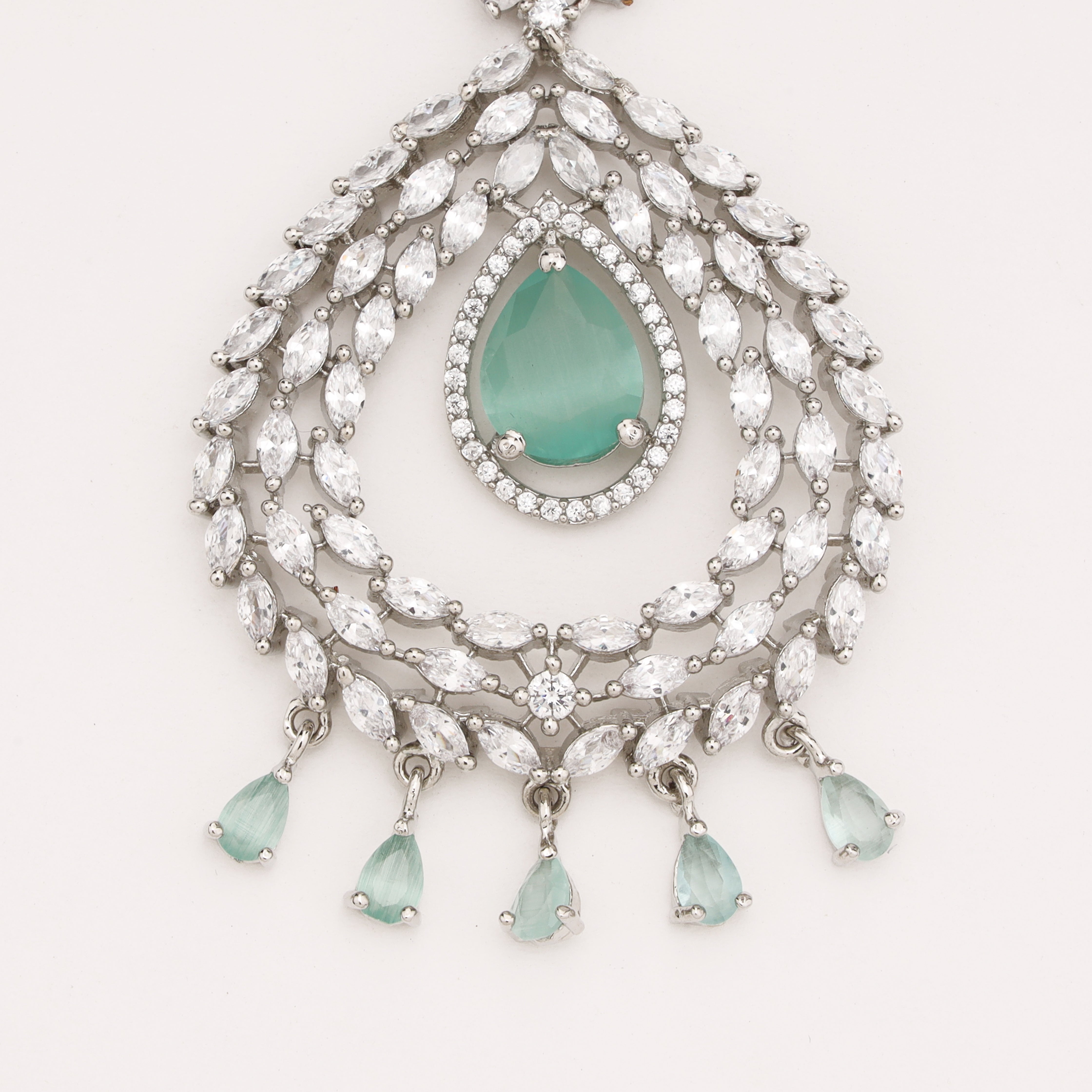 American Diamond Floral Teardrop Layered Maang Tikka with Hanging Drops