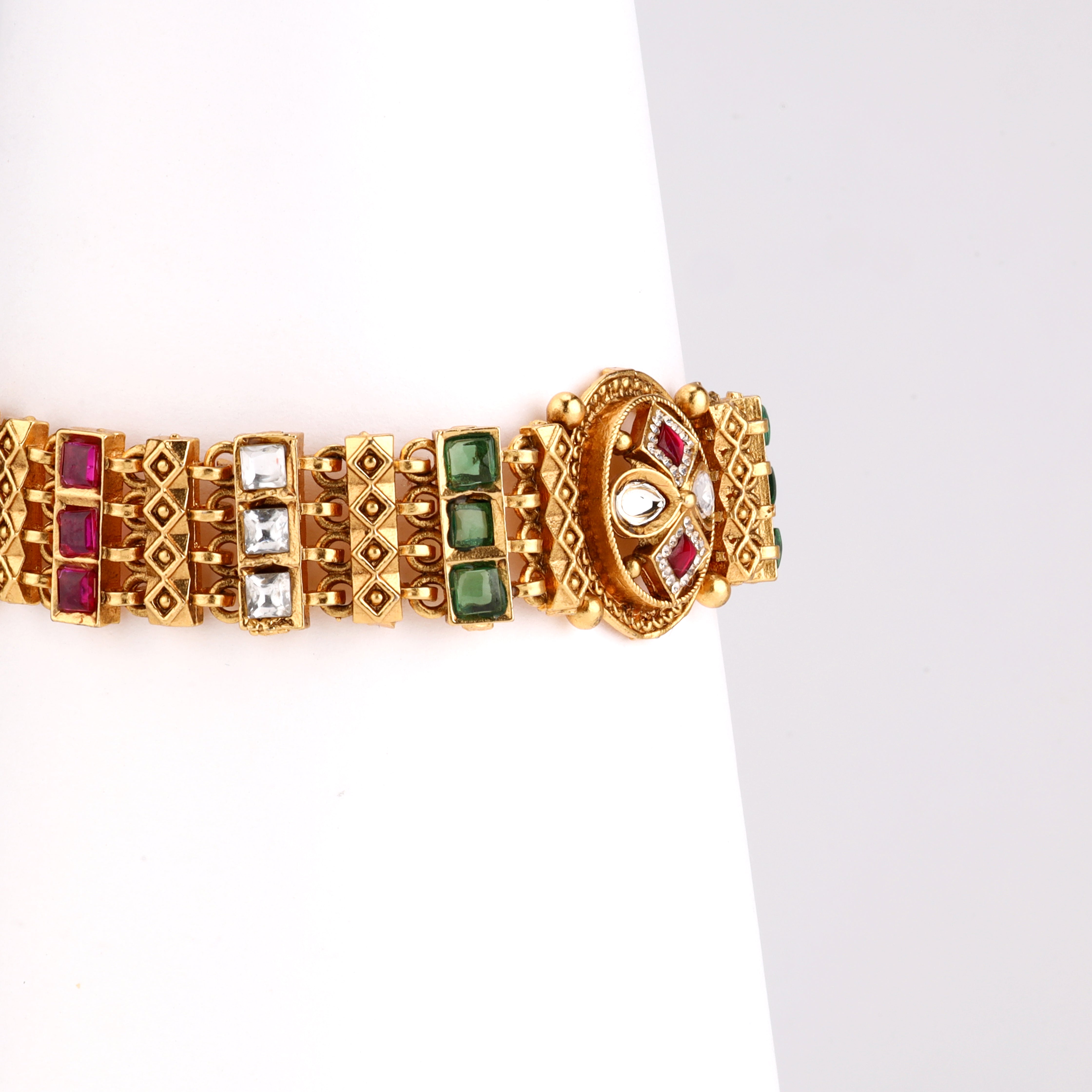 Antique Gold Navratna Stone Medallion Articulated Choker Bracelet