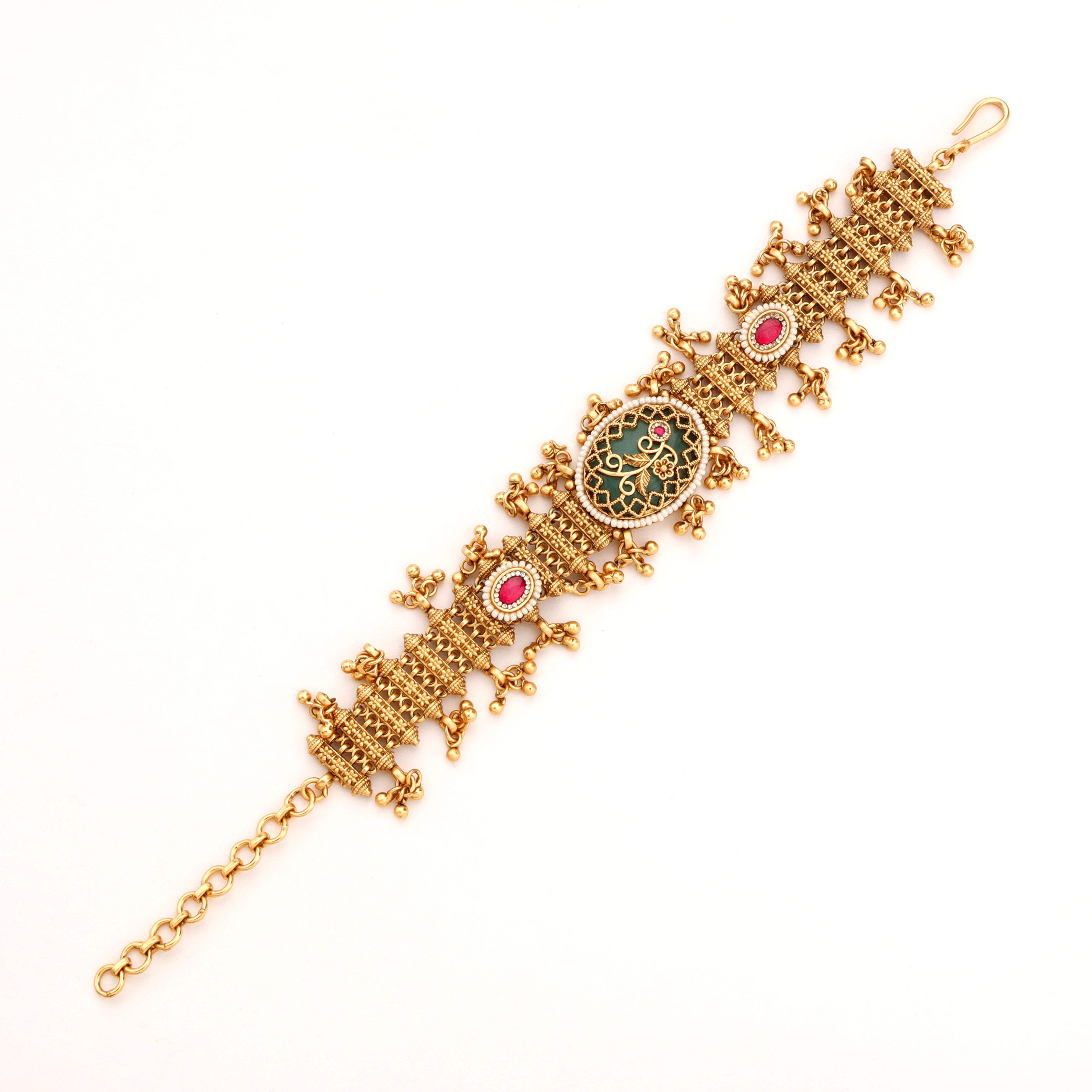 Antique Gold Floral Enamel Medallion Ghungroo Traditional Bracelet
