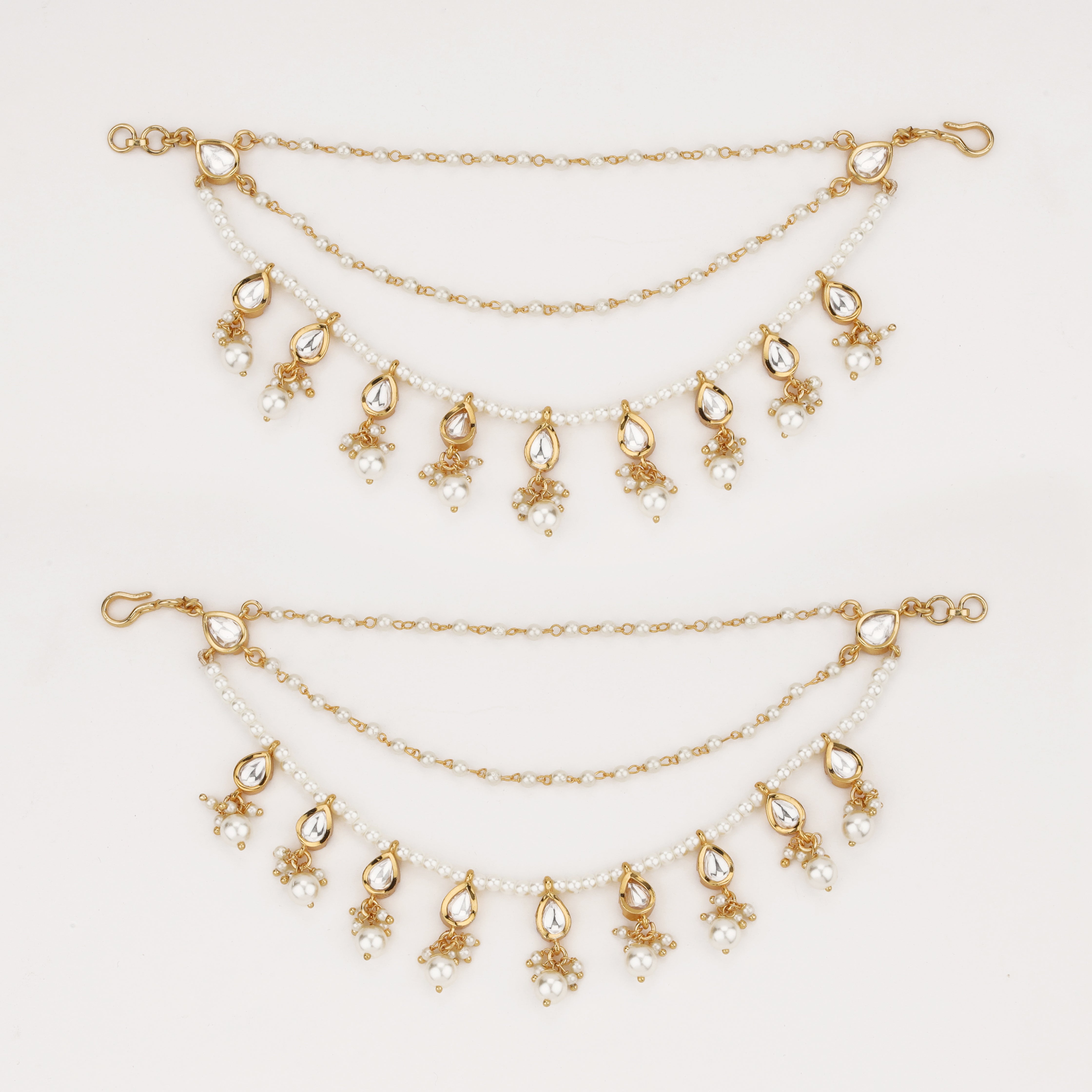Pearl Dewdrop Crystal Ear Chain with pearl tassels and crystal teardrops by US Catalog