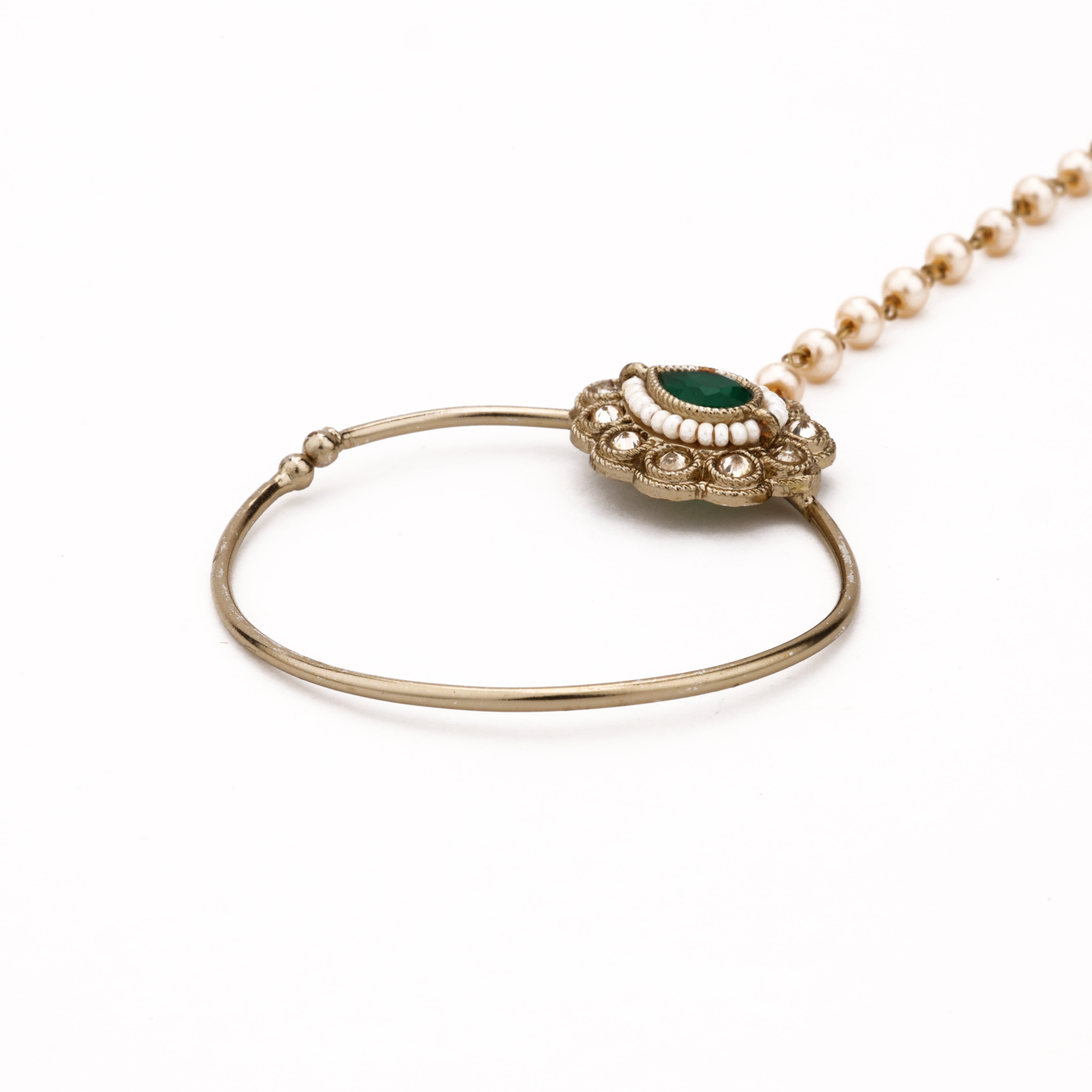 Antique gold Nivara emerald teardrop pearl nath with ornate white stone halo, large hoop and pearl-beaded chain from US Catalog