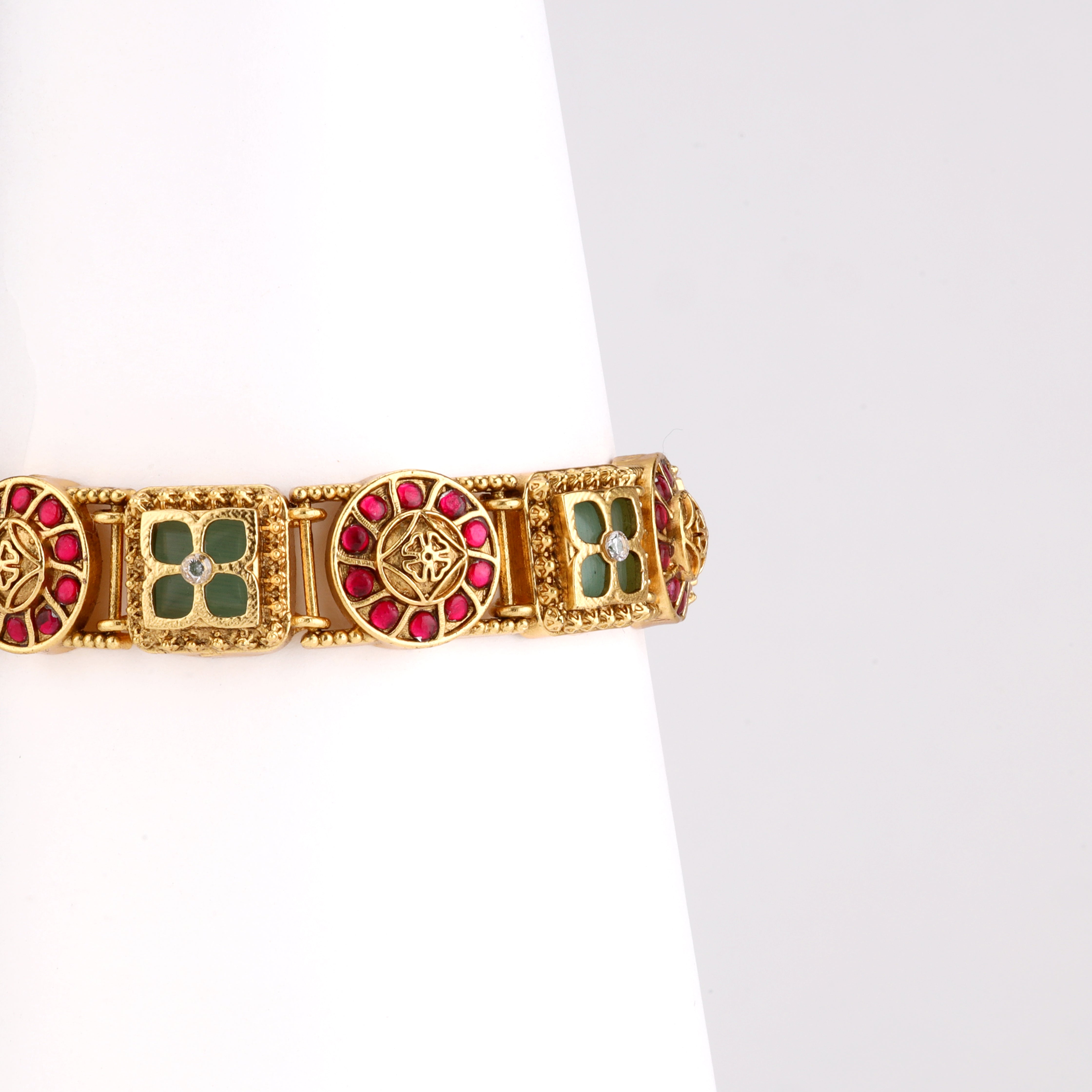 Antique Gold Geometric Medallion Stone Articulated Traditional Bracelet