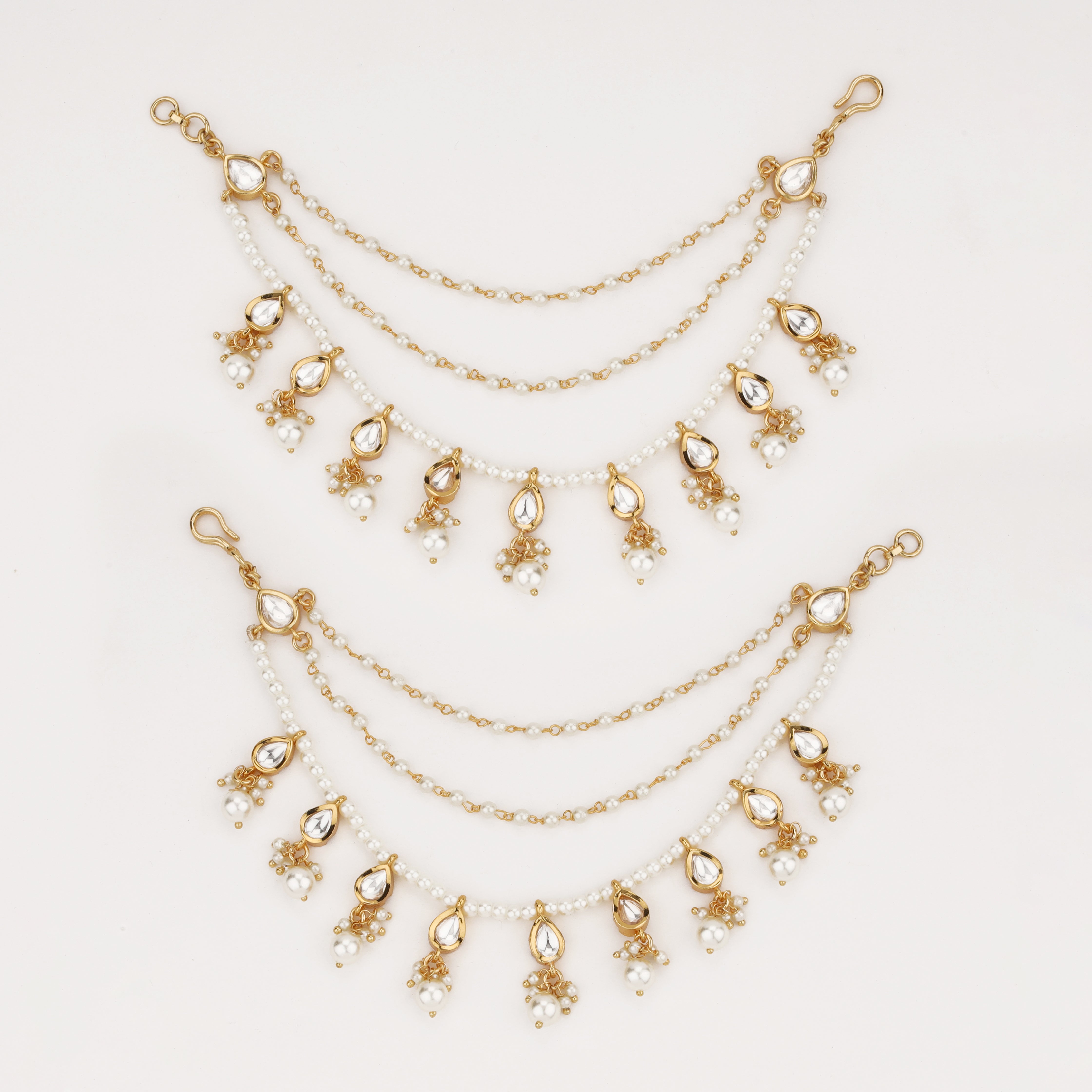 Pearl Dewdrop Crystal Ear Chain with pearl tassels and crystal teardrops by US Catalog