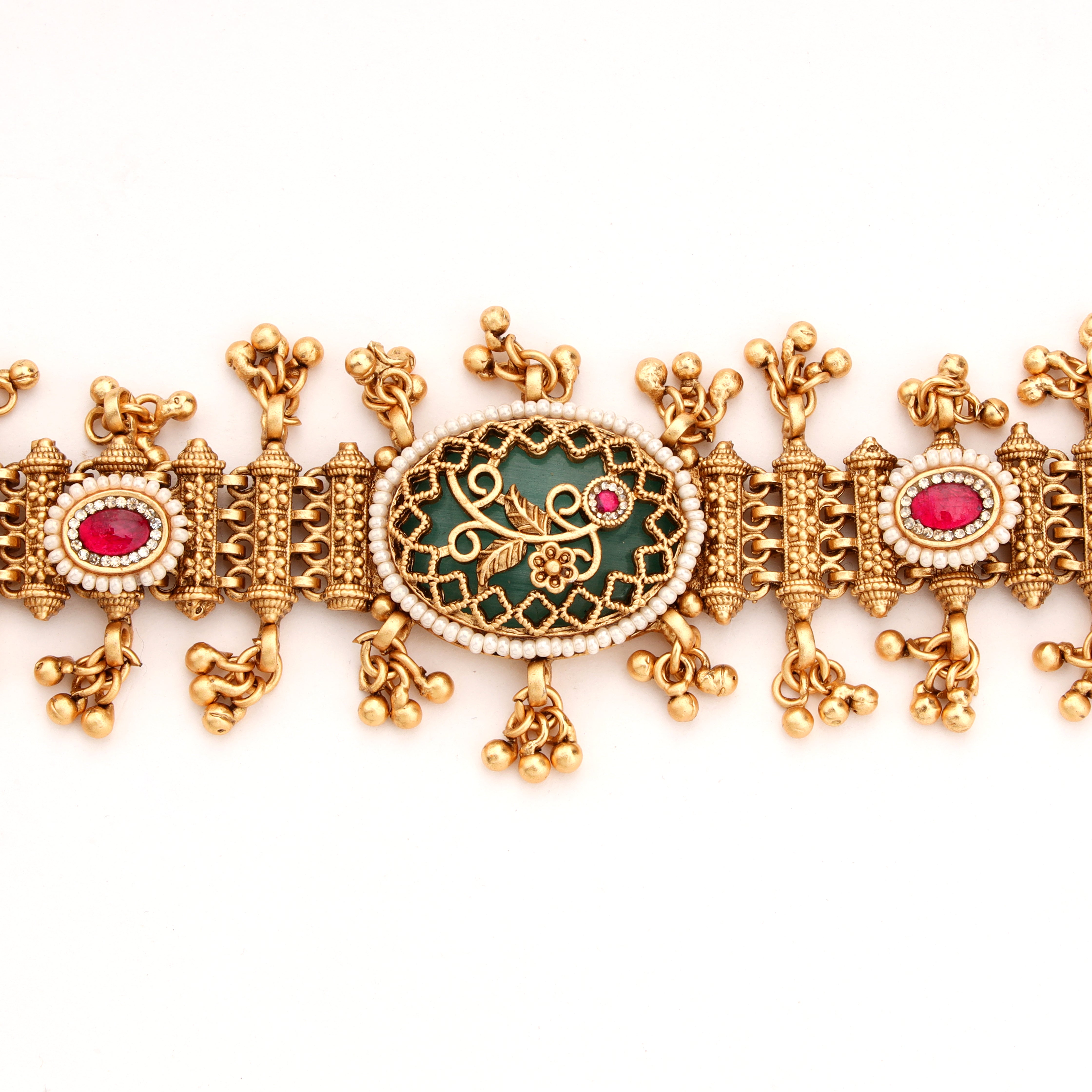 Antique Gold Floral Enamel Medallion Ghungroo Traditional Bracelet